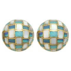 Tiffany & Co Vintage Pearl & Opal Inlaid Mosaic Earring Clips Dome Checkerboard