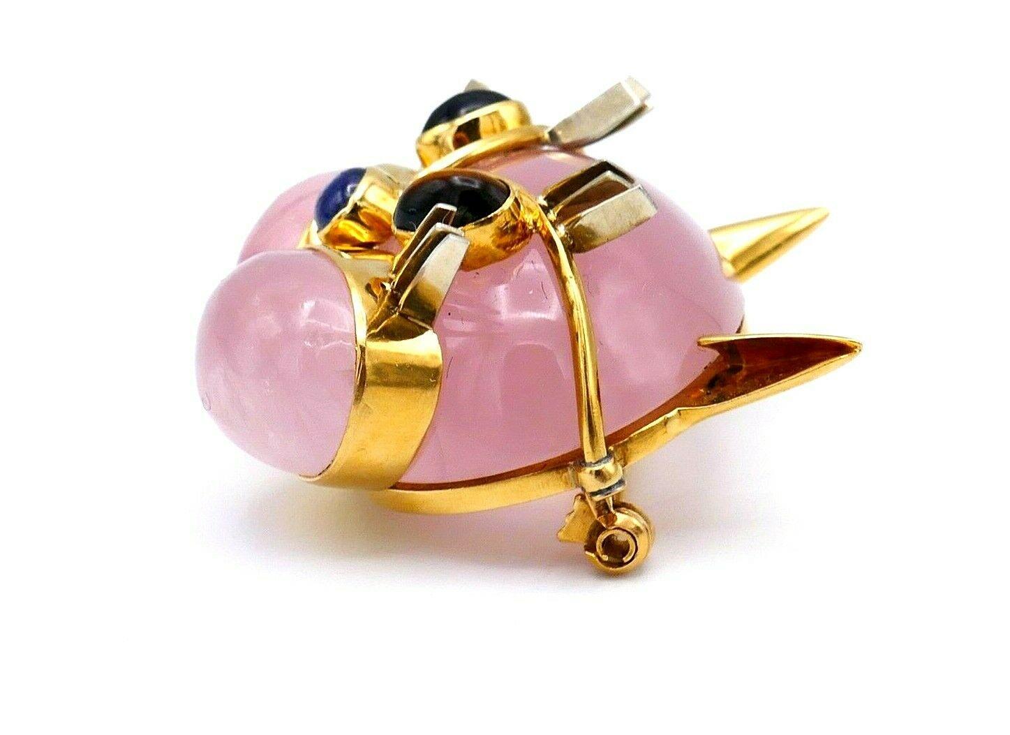 Mixed Cut Tiffany & Co. Vintage Pink Quartz Gemstone Yellow Gold Cat Face Brooch For Sale