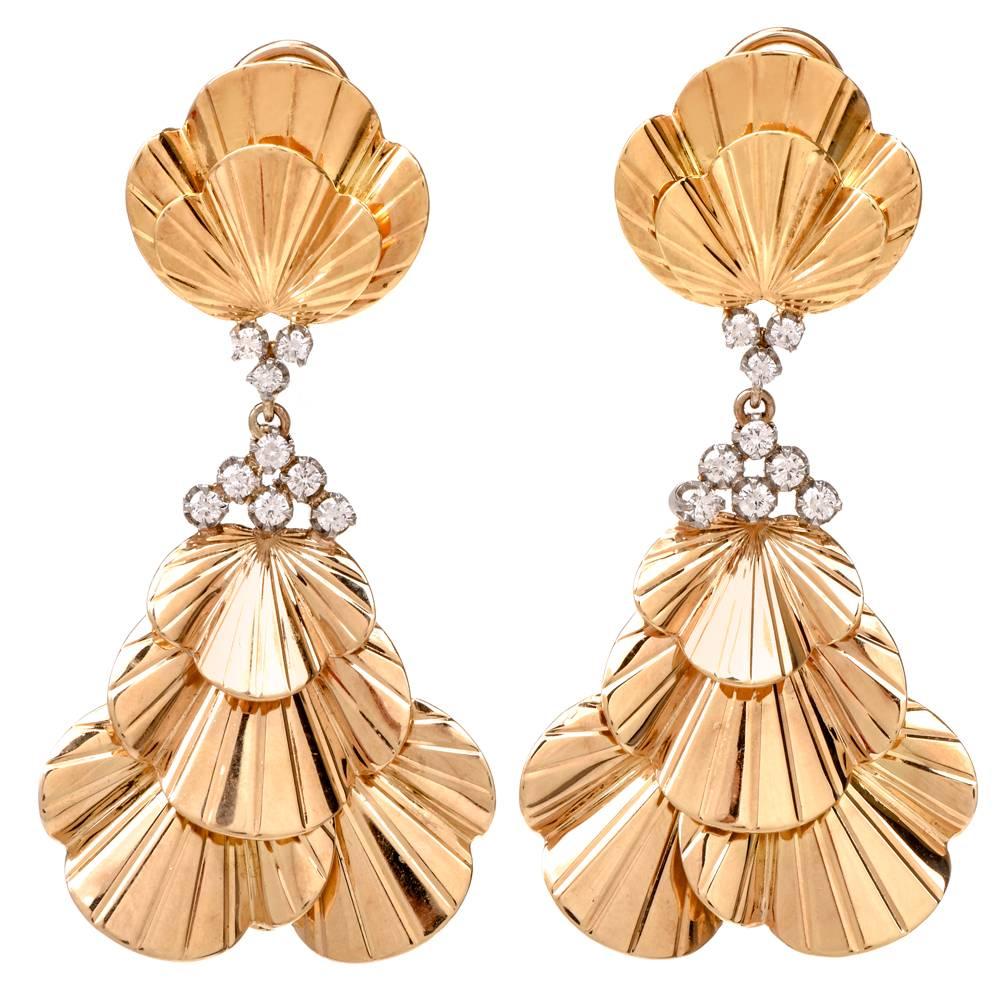 Tiffany & Co. Vintage Retro Gold Diamond Clip-Back Chandelier Earrings