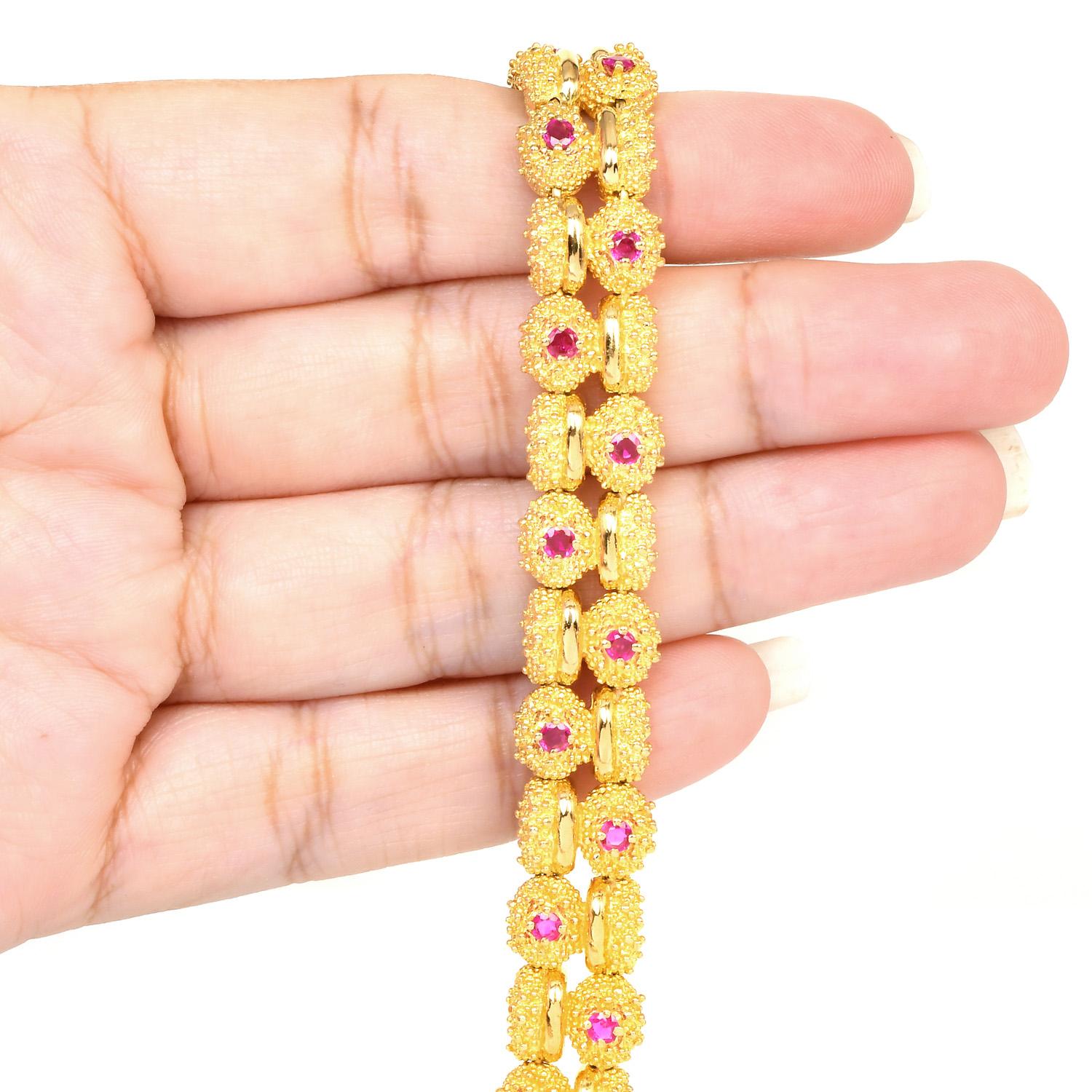 Tiffany & Co. Vintage Retro Ruby 18K Yellow Gold Bead Textured Link Bracelet In Excellent Condition In Miami, FL
