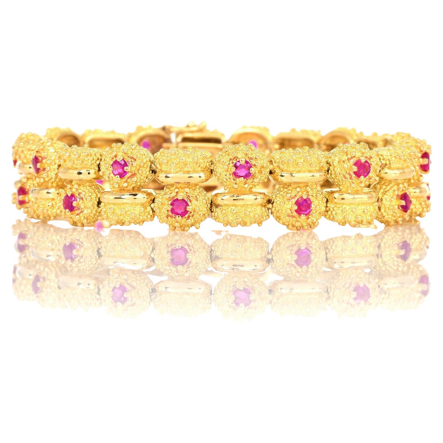 Tiffany & Co. Vintage Retro Ruby 18K Yellow Gold Bead Textured Link Bracelet