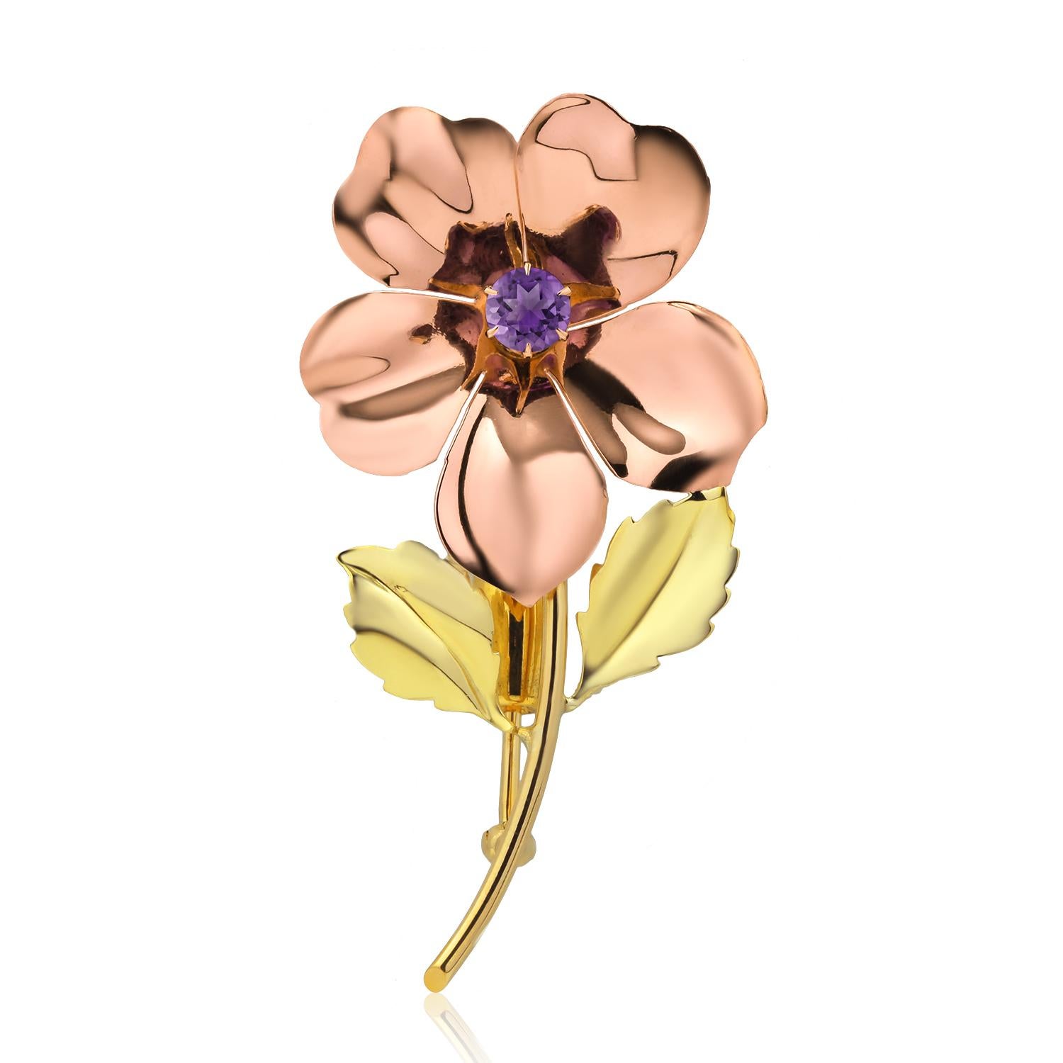 Tiffany Co Vintage Rose Yellow Gold Amethyst 0.40 Carat Brooch 2.25 Inch Long In Good Condition In New York, NY