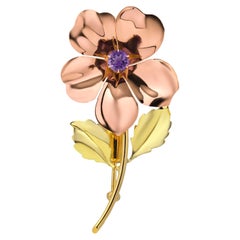 Tiffany Co Vintage Rose Yellow Gold Amethyst 0.40 Carat Brooch 2.25 Inch Long