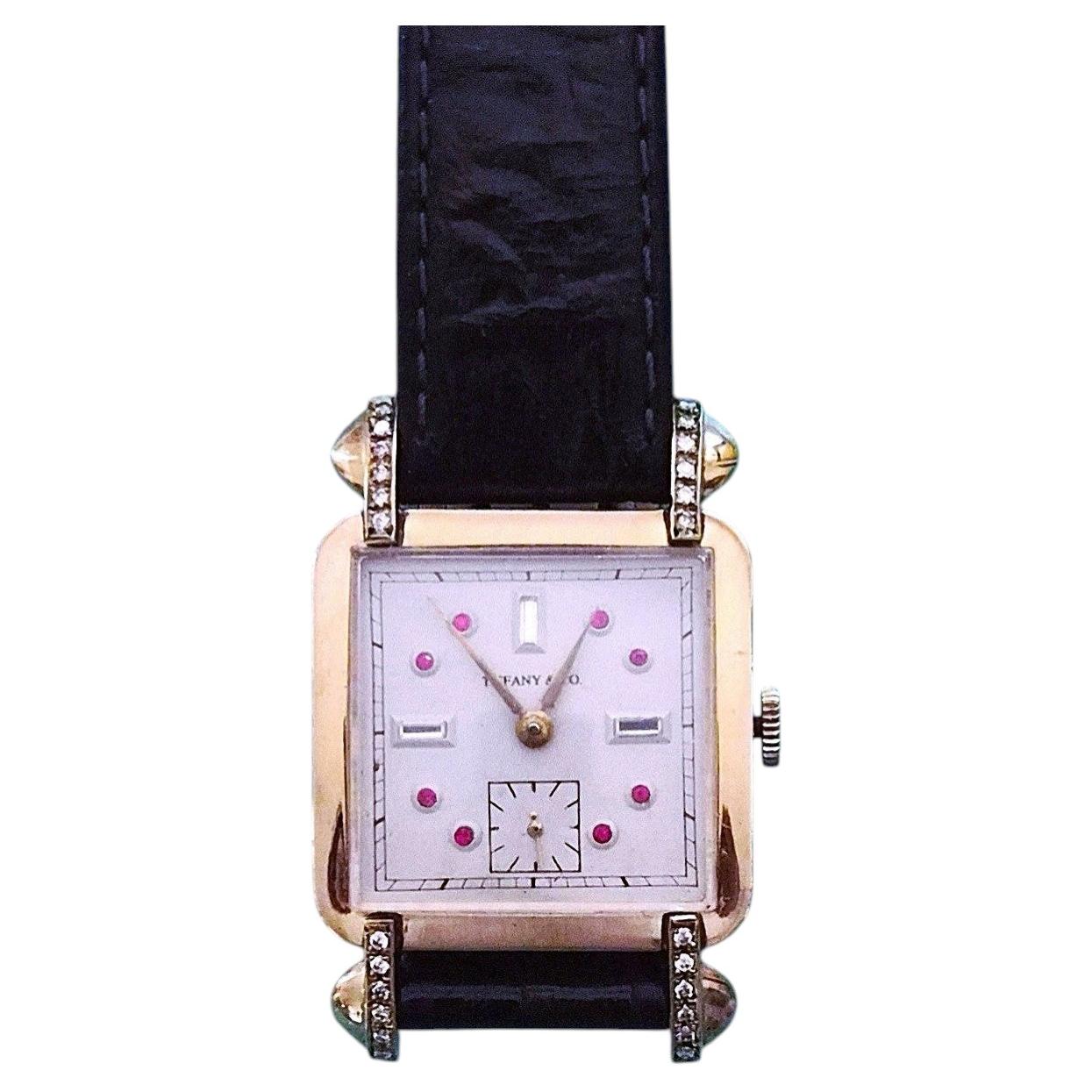 Tiffany & Co. Vintage Ruby Diamond Dial Manual Wind Watch Collector Wristwatch For Sale