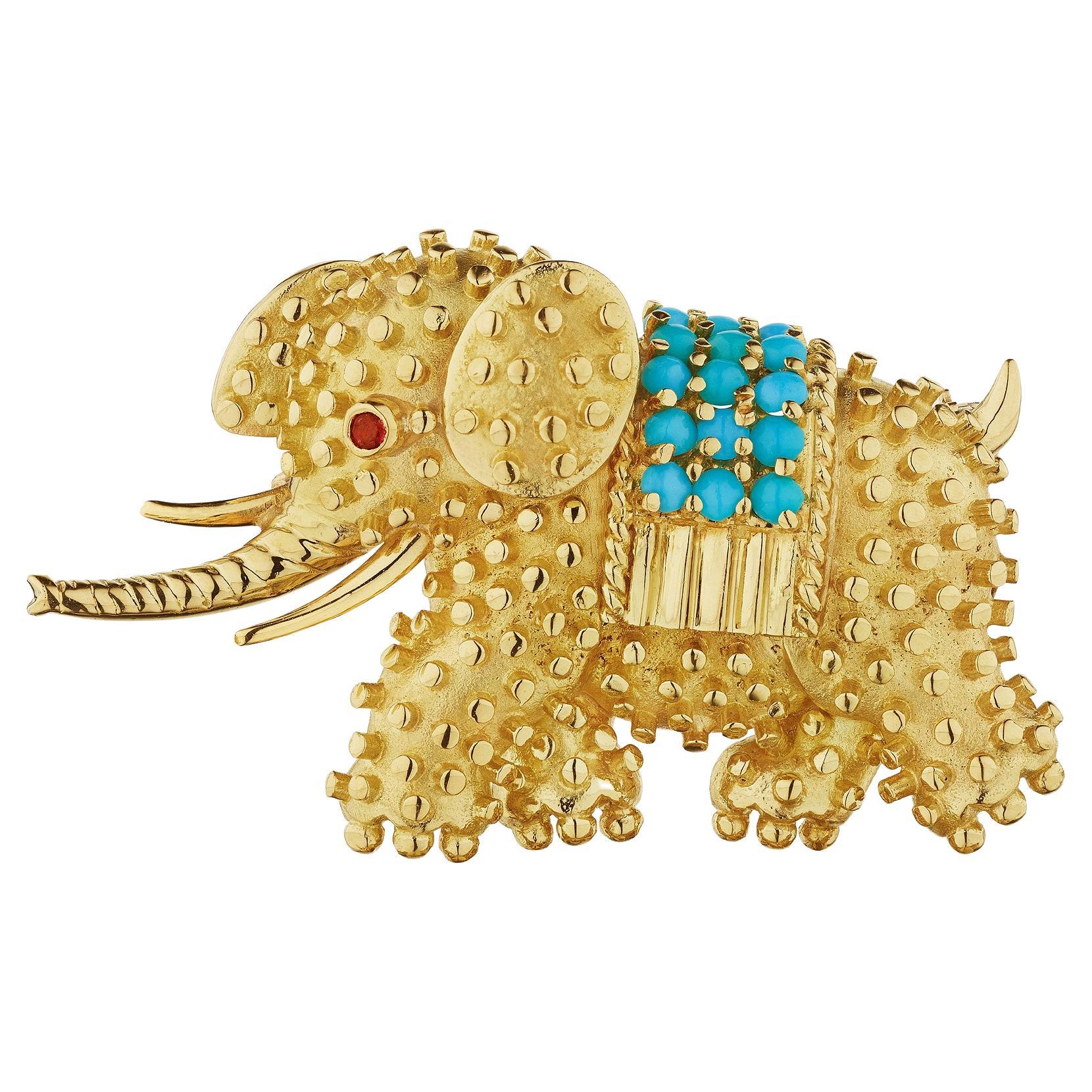 Tiffany & Co. Vintage Ruby Turquoise Gold Elephant Brooch 