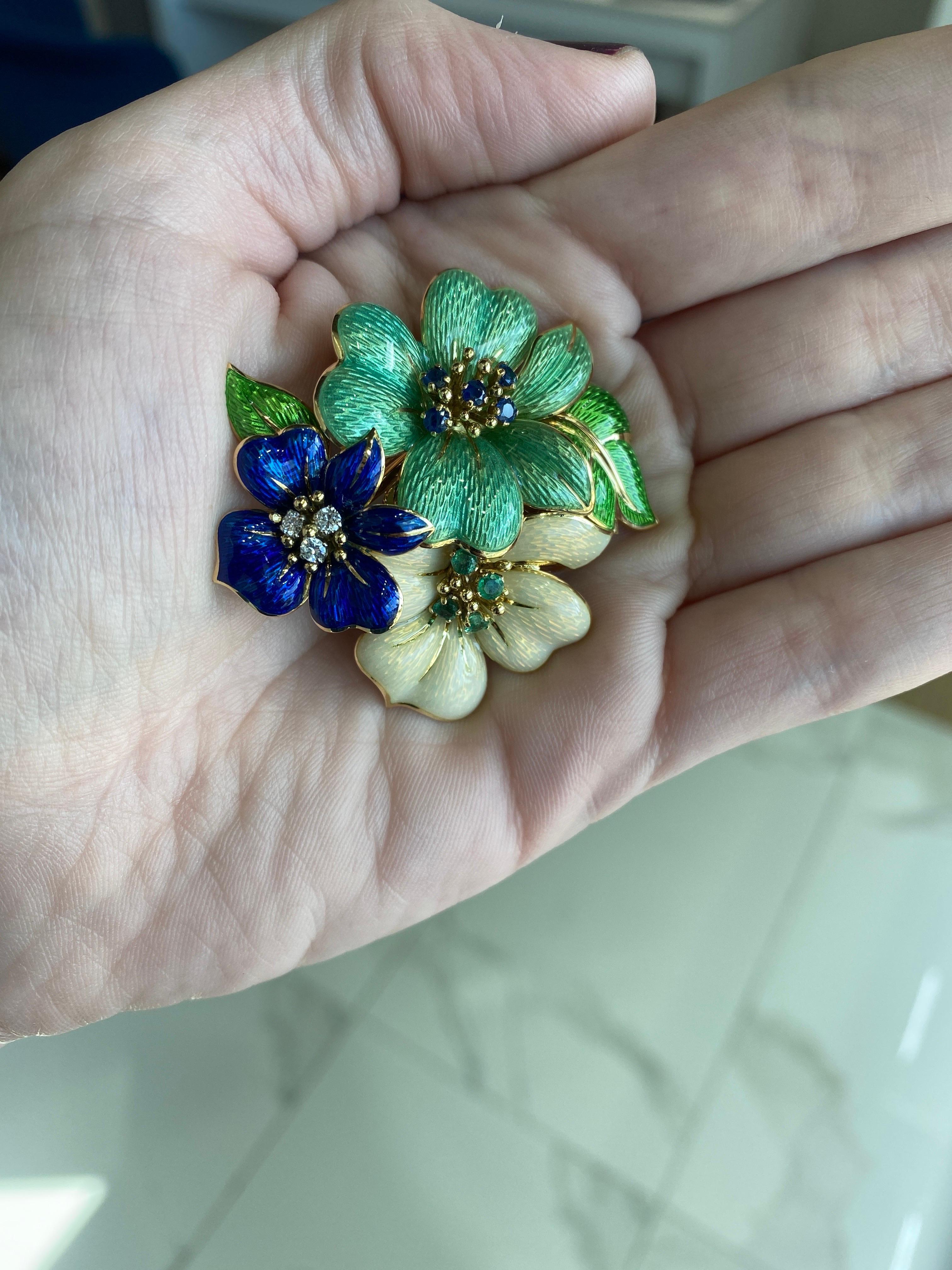 Tiffany & Co. Vintage Sapphire, Diamond, and Emerald Floral Enamel Brooch For Sale 3