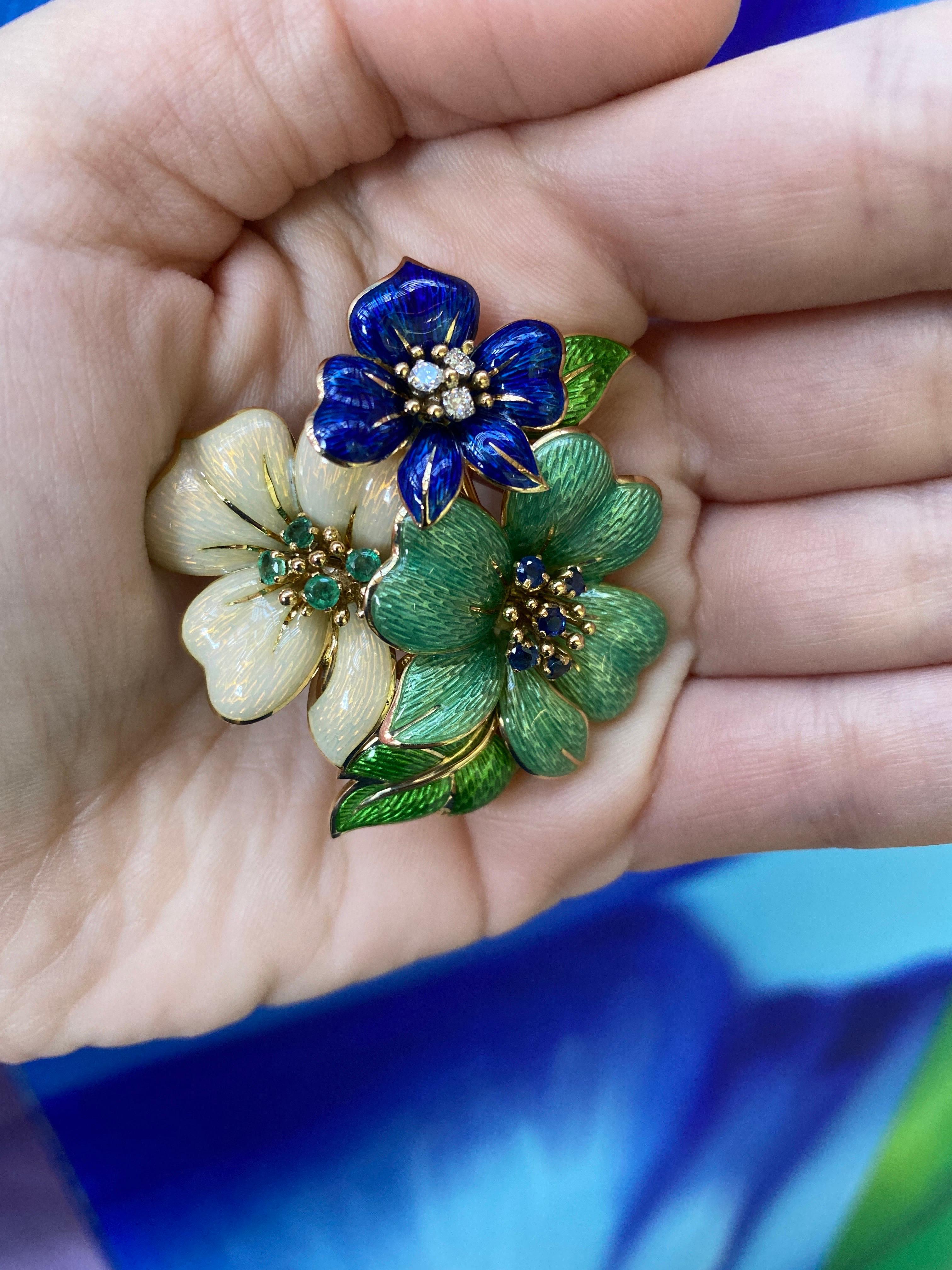 Tiffany & Co. Vintage Sapphire, Diamond, and Emerald Floral Enamel Brooch For Sale 4