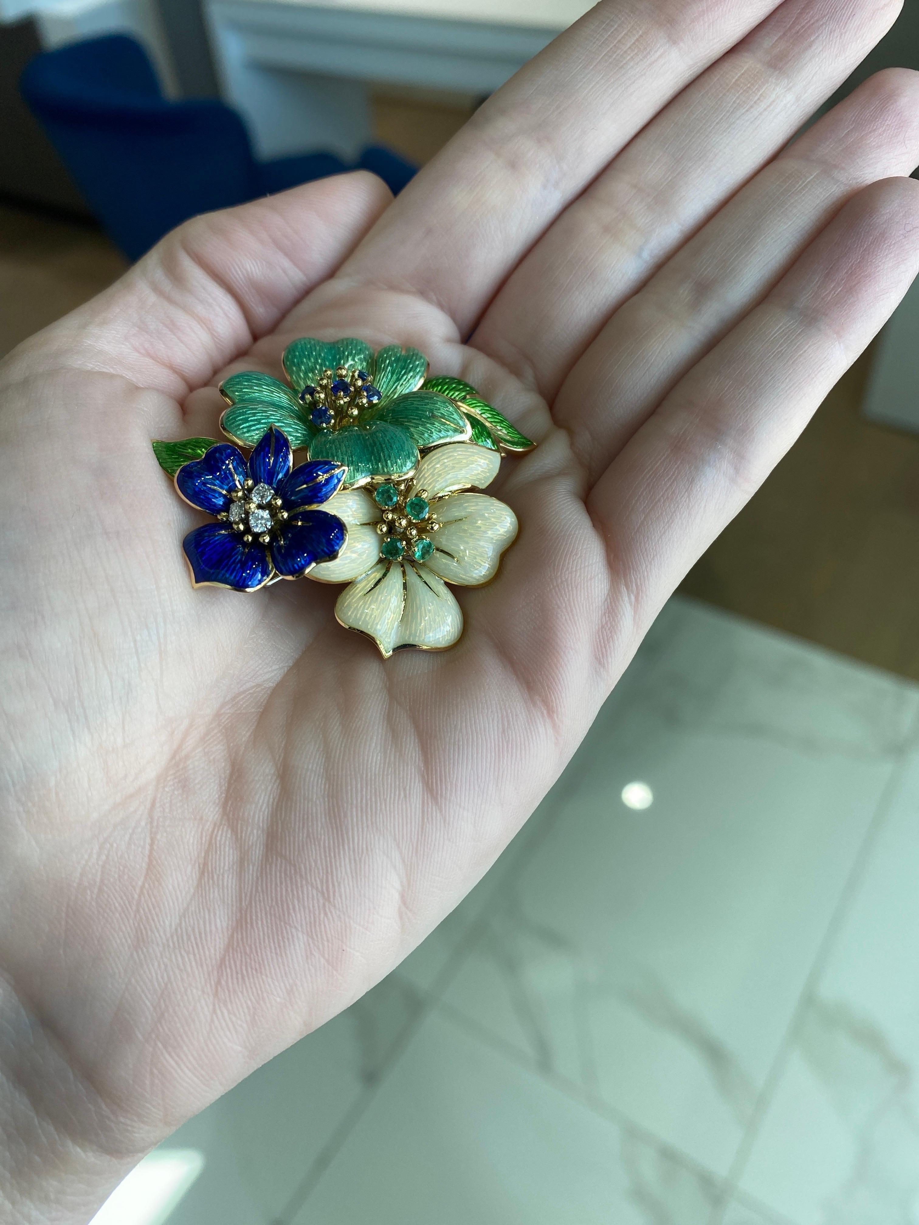 Round Cut Tiffany & Co. Vintage Sapphire, Diamond, and Emerald Floral Enamel Brooch For Sale