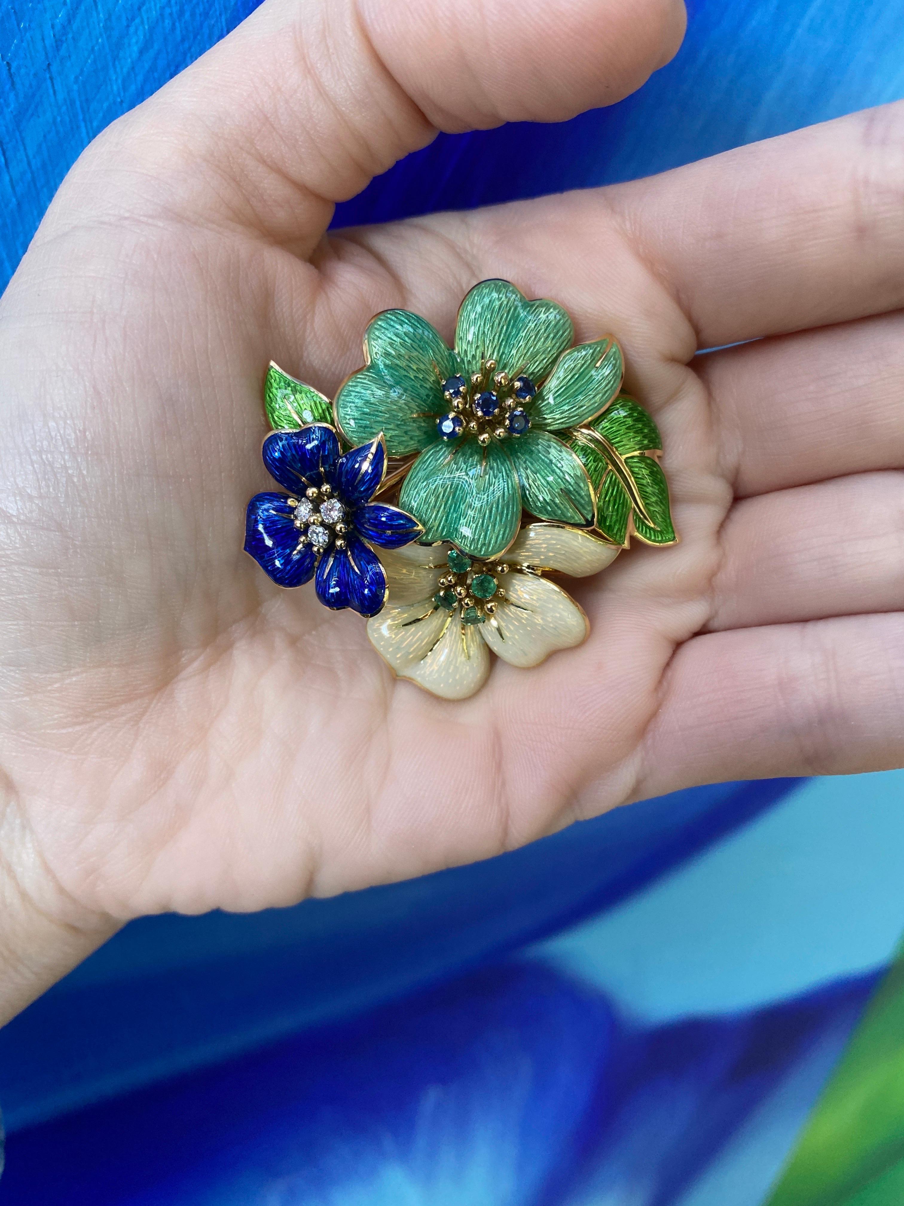 Tiffany & Co. Vintage Sapphire, Diamond, and Emerald Floral Enamel Brooch In Excellent Condition For Sale In Houston, TX