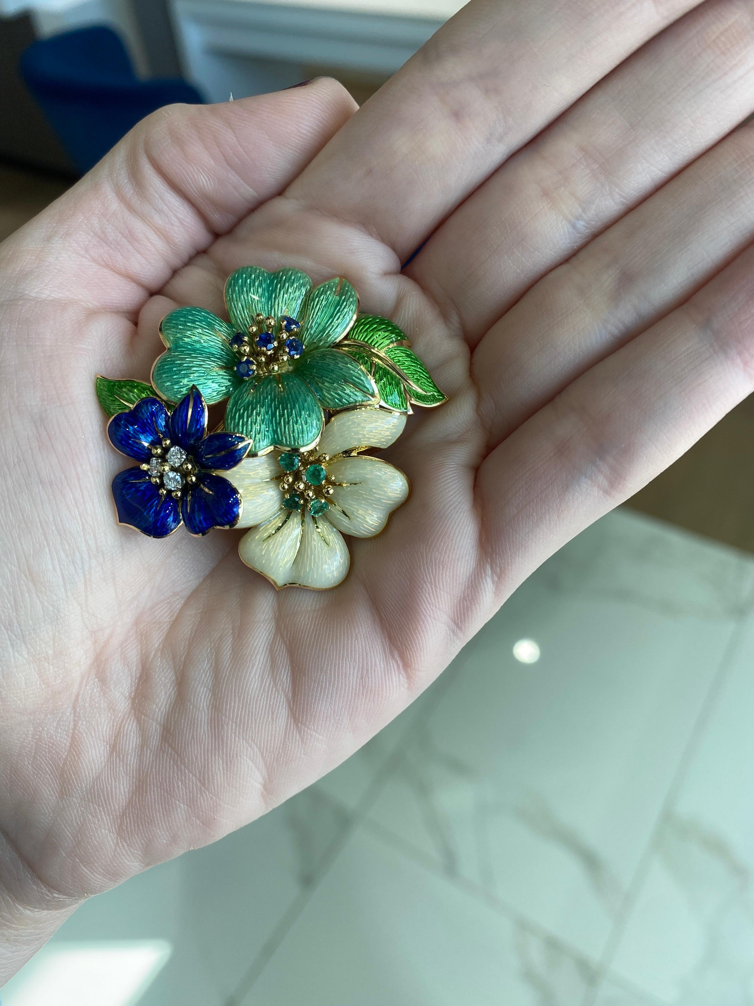 Women's or Men's Tiffany & Co. Vintage Sapphire, Diamond, and Emerald Floral Enamel Brooch For Sale