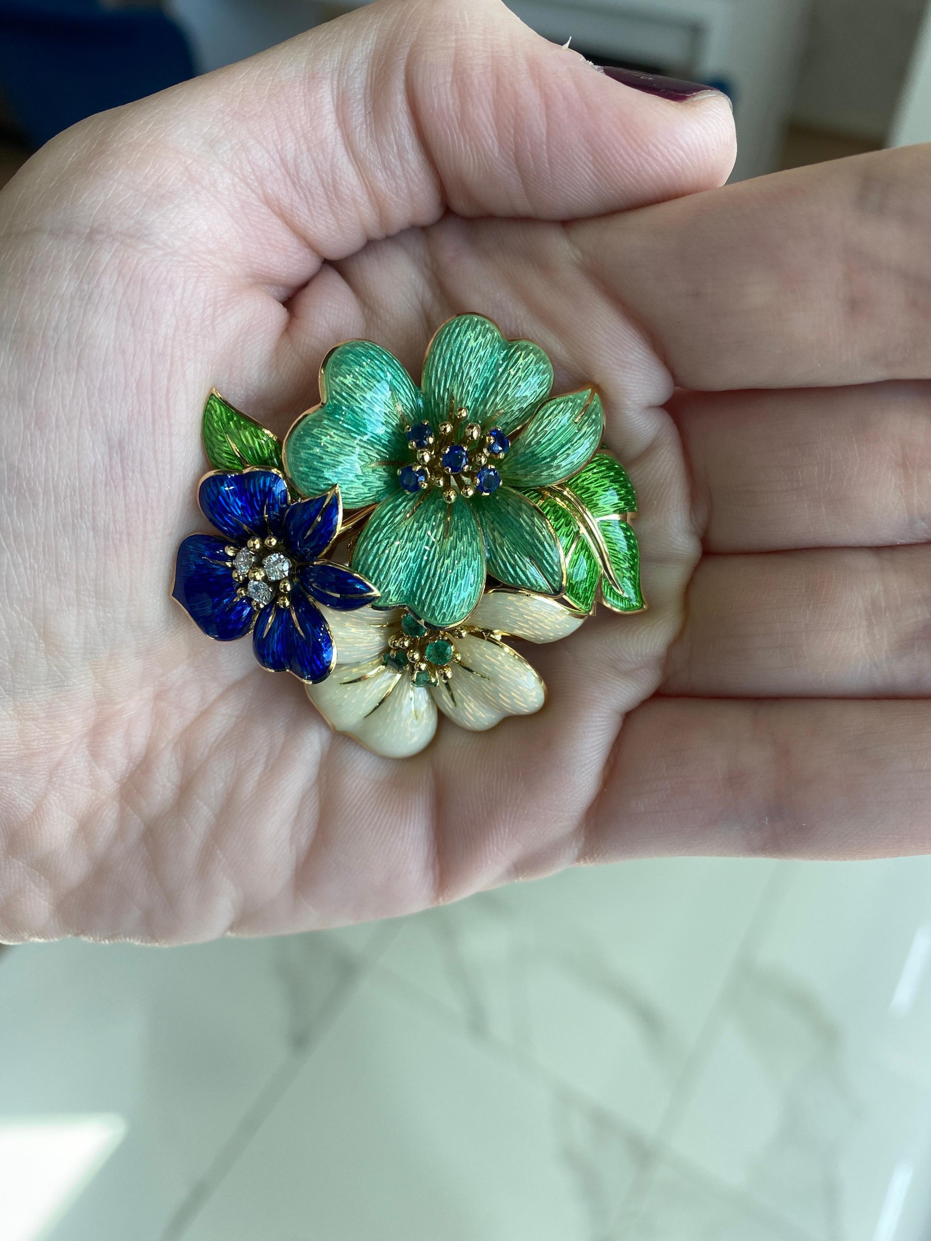 Tiffany & Co. Vintage Sapphire, Diamond, and Emerald Floral Enamel Brooch For Sale 3