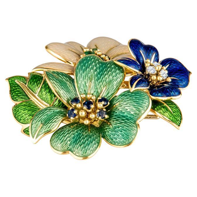 Tiffany & Co. Broche vintage en émail floral avec saphirs, diamants et émeraudes