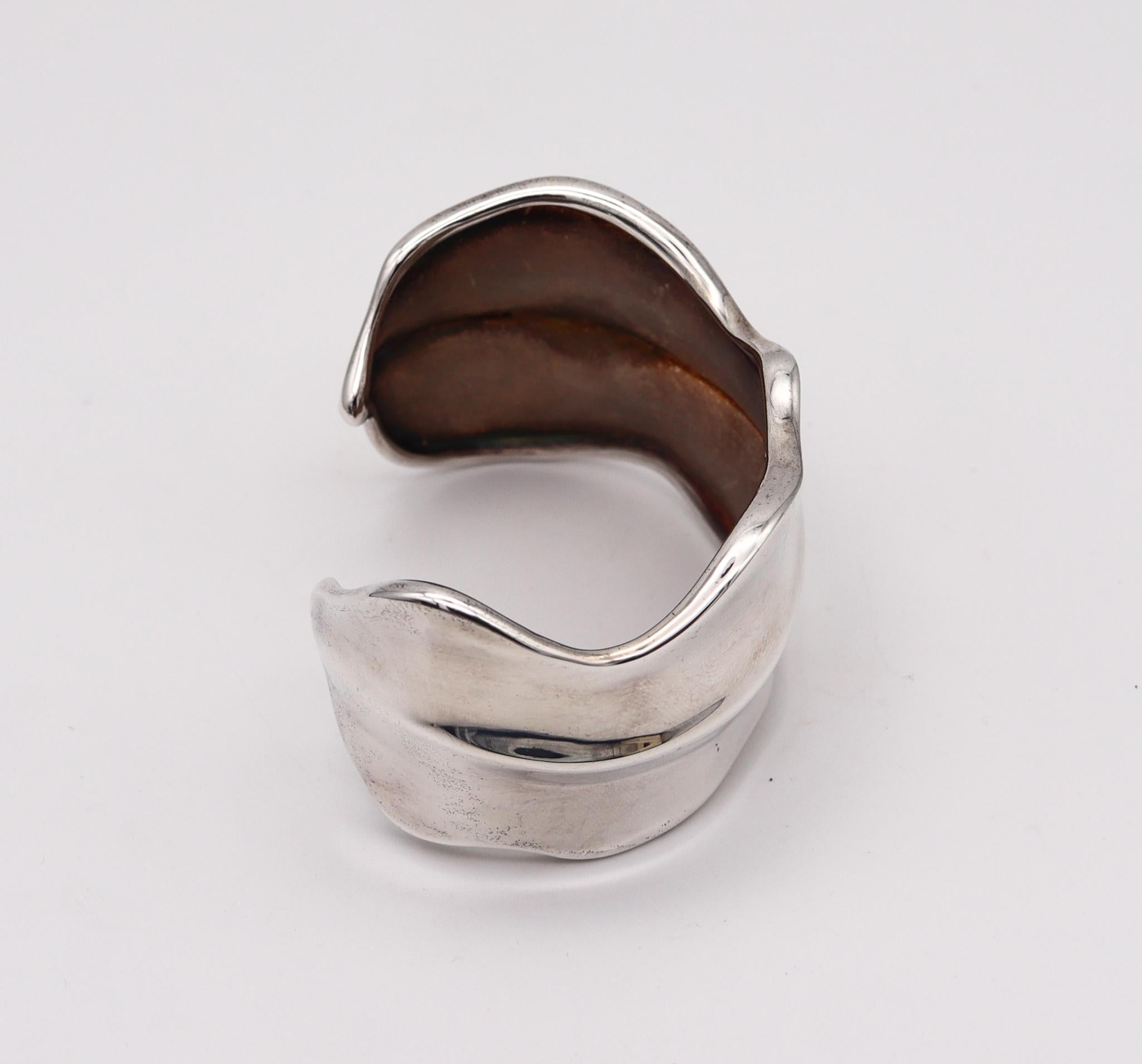 Modernist Tiffany & Co. Vintage Sculpted Nature Leaf Cuff Bracelet In 925 Sterling Silver