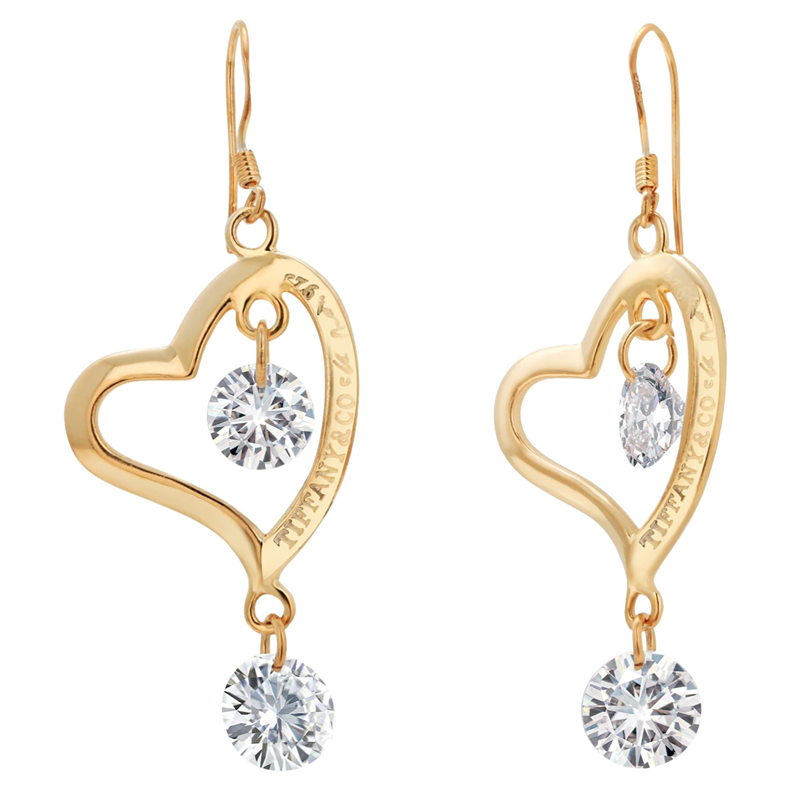 Tiffany Co Vintage Silver Yellow Gold Plated Cubic Zirconia Heart Hoop Earrings For Sale