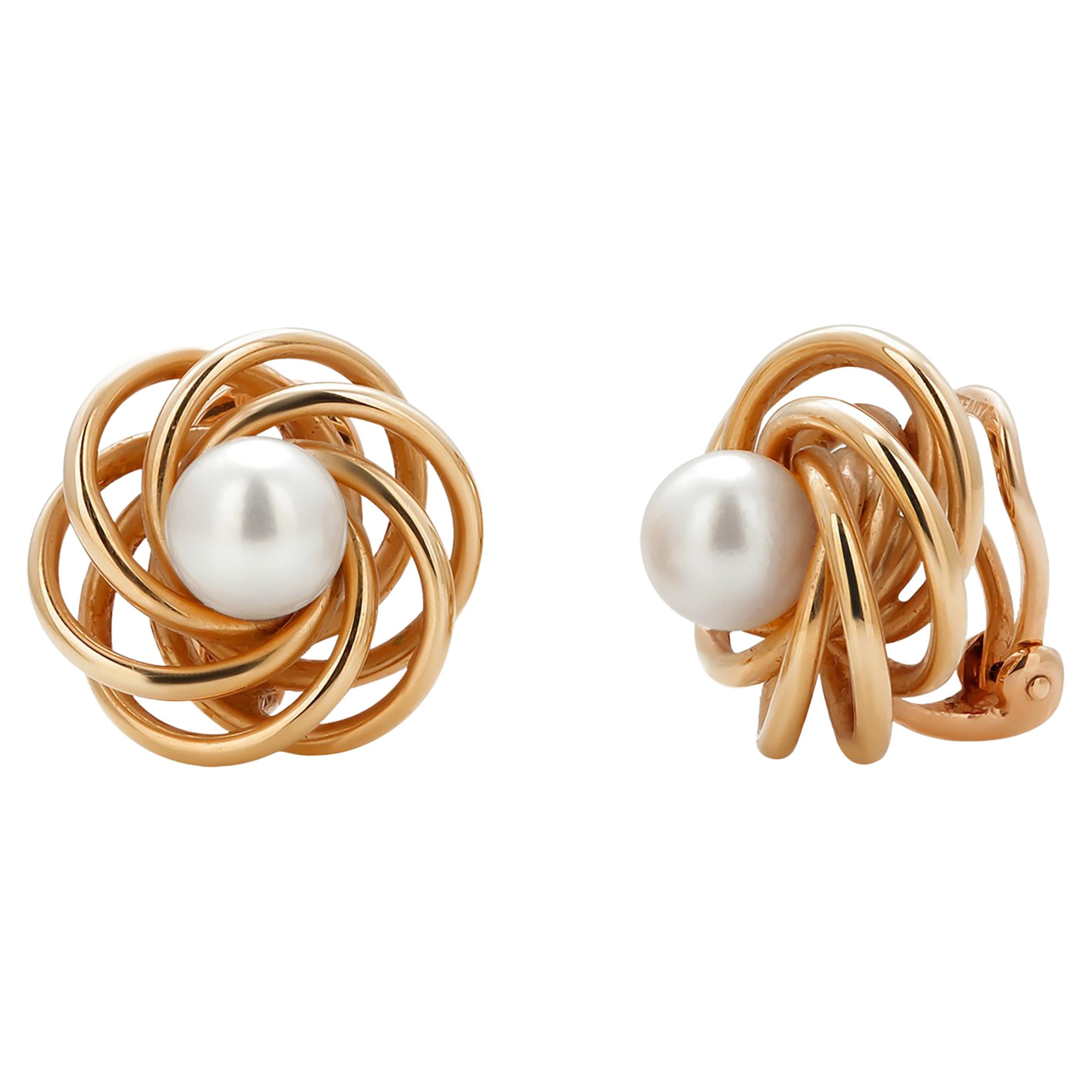 Tiffany Co Vintage Spherical Pearl 14 Karat Yellow Gold 0.75 Inch Earrings For Sale