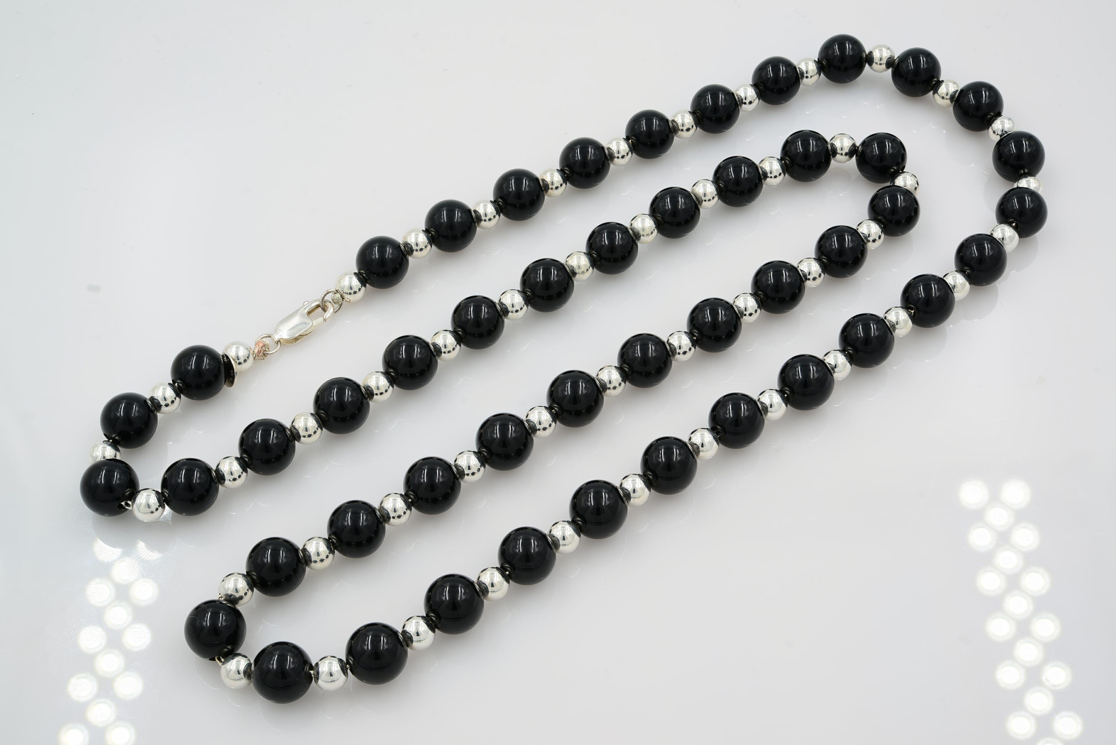 Round Cut Tiffany & Co. Vintage Sterling Silver Black Onyx Bead Necklace