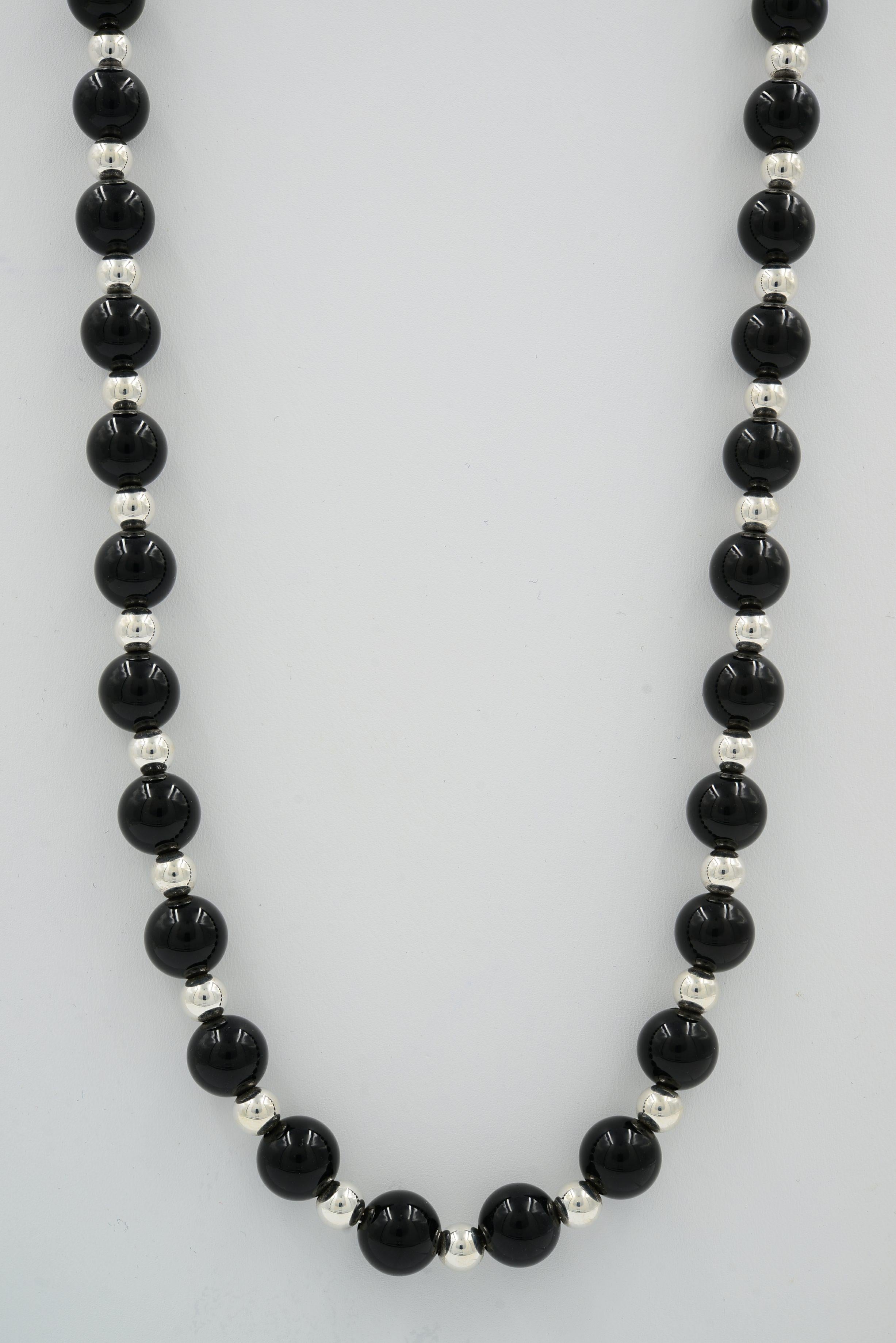 Tiffany & Co. Vintage Sterling Silver Black Onyx Bead Necklace In Excellent Condition In New York, NY