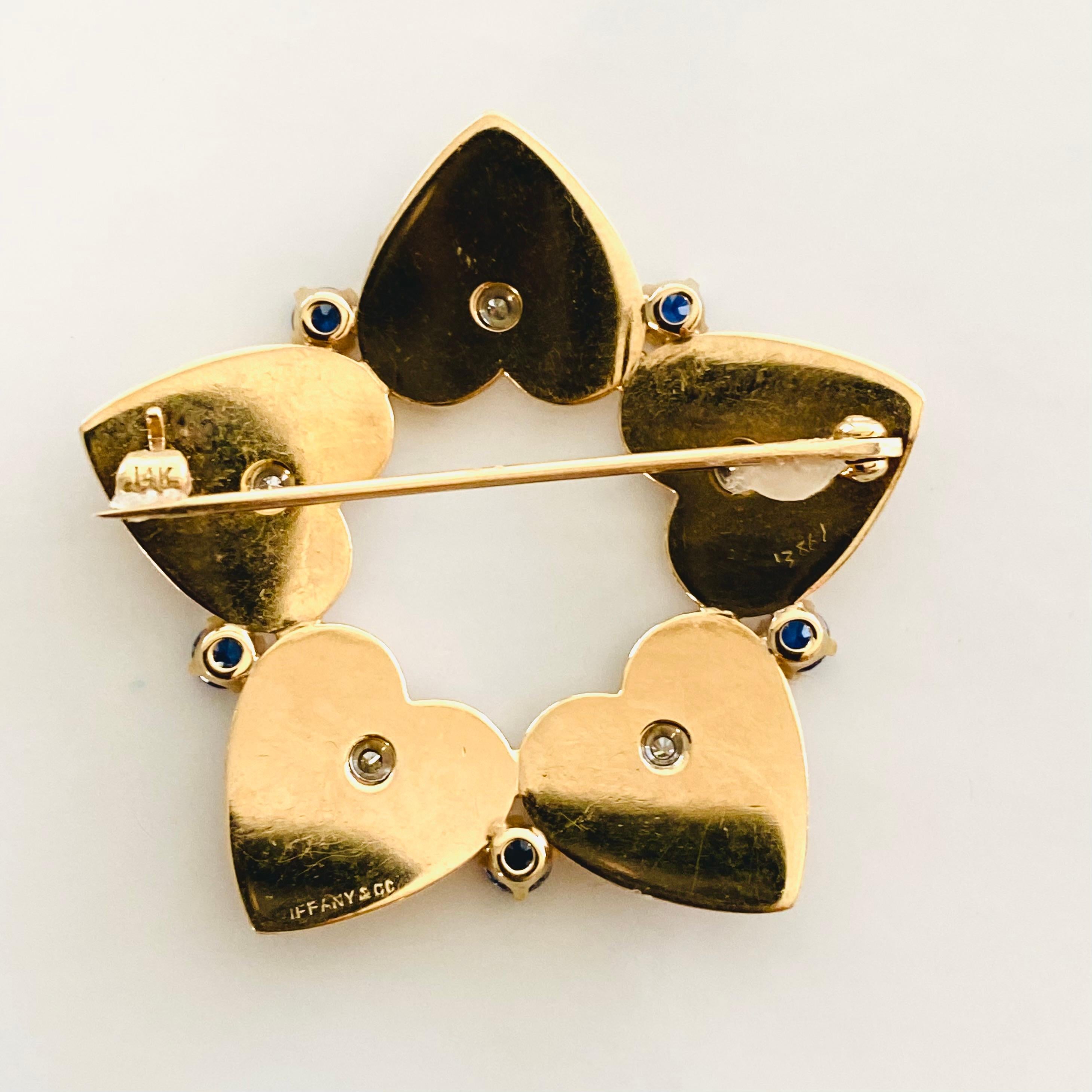 Tiffany Co Vintage Striated Heart Diamond Sapphire Yellow Gold 1.5 Inch Brooch  5