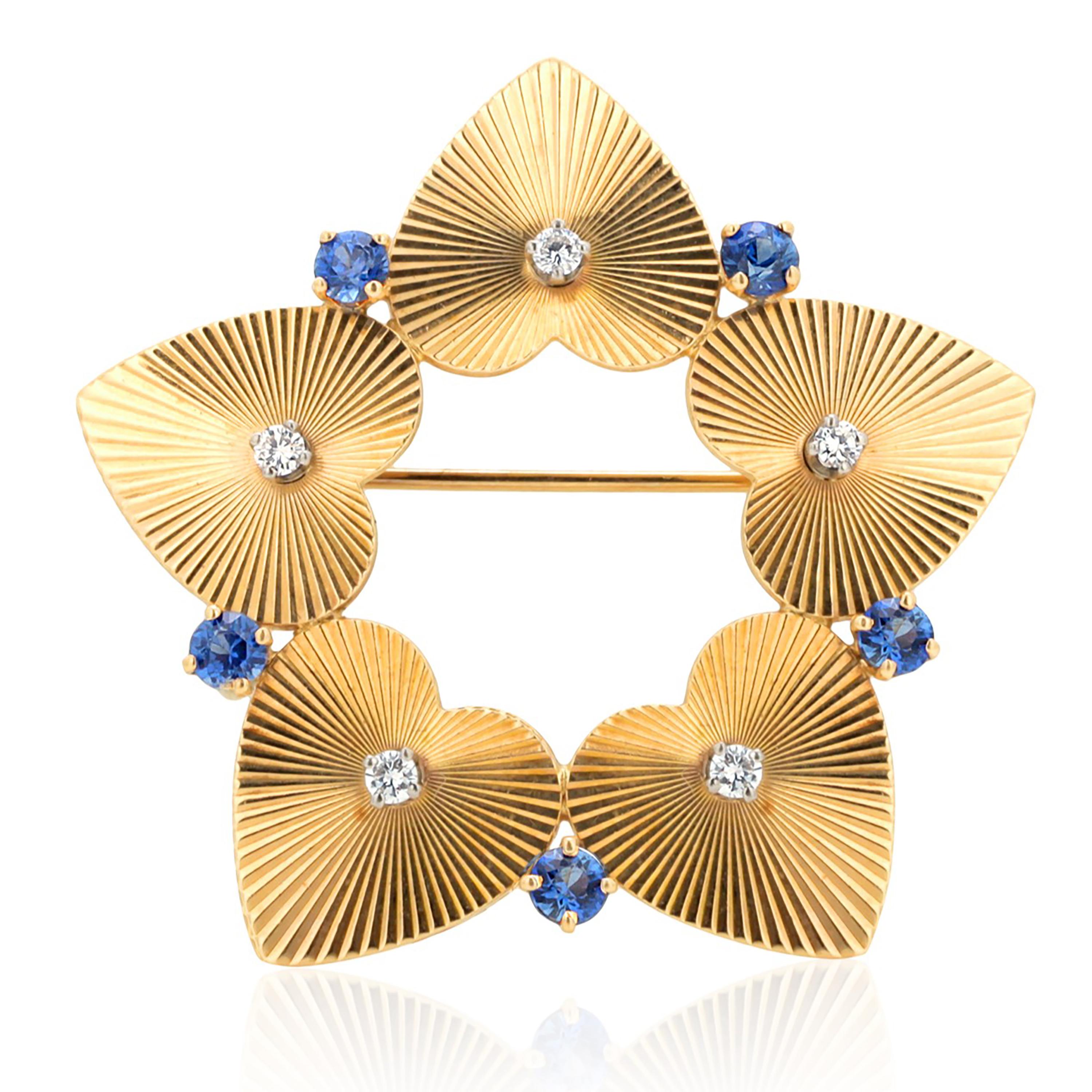 Retro Tiffany Co Vintage Striated Heart Diamond Sapphire Yellow Gold 1.5 Inch Brooch 