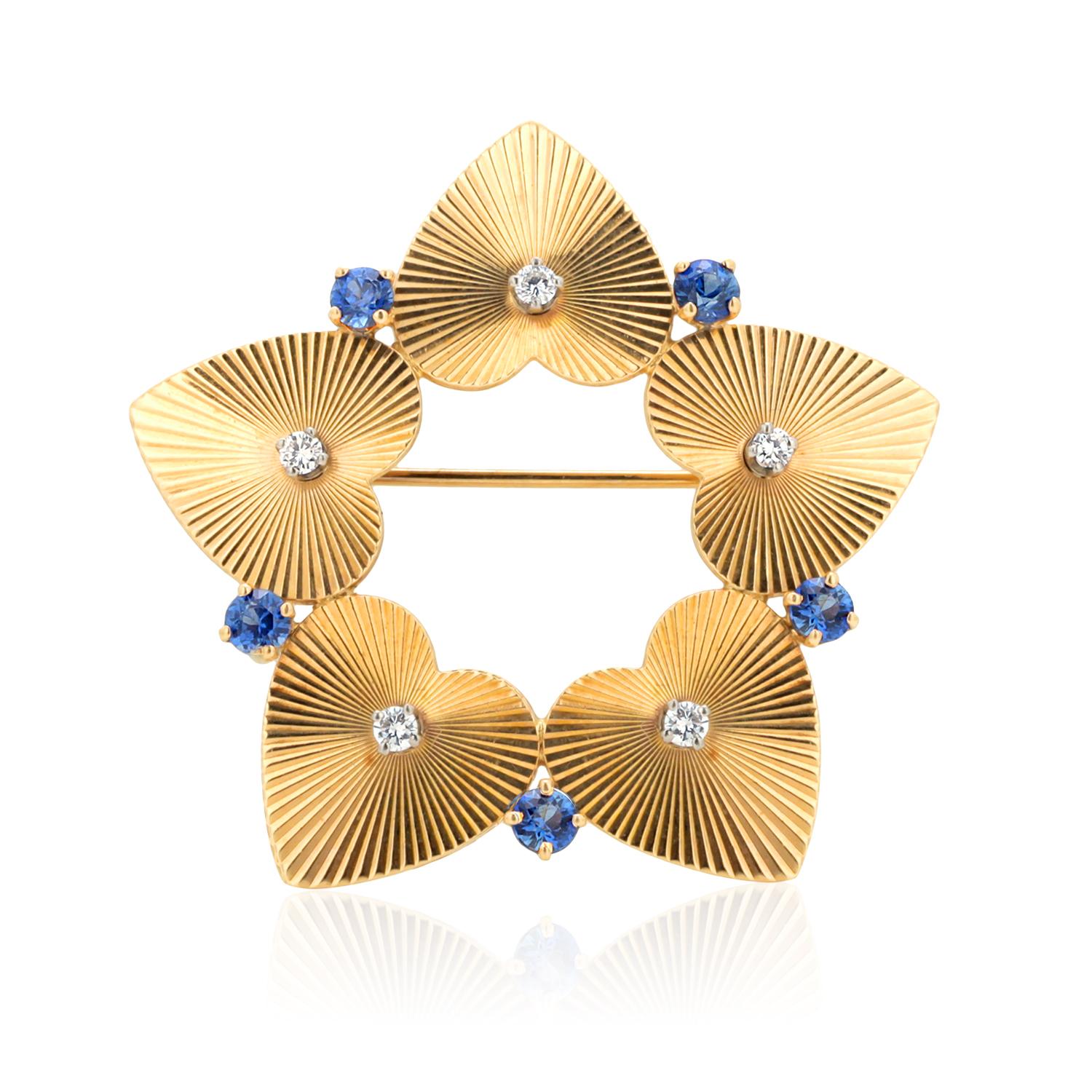 Tiffany Co Vintage Striated Heart Diamond Sapphire Yellow Gold 1.5 Inch Brooch  1