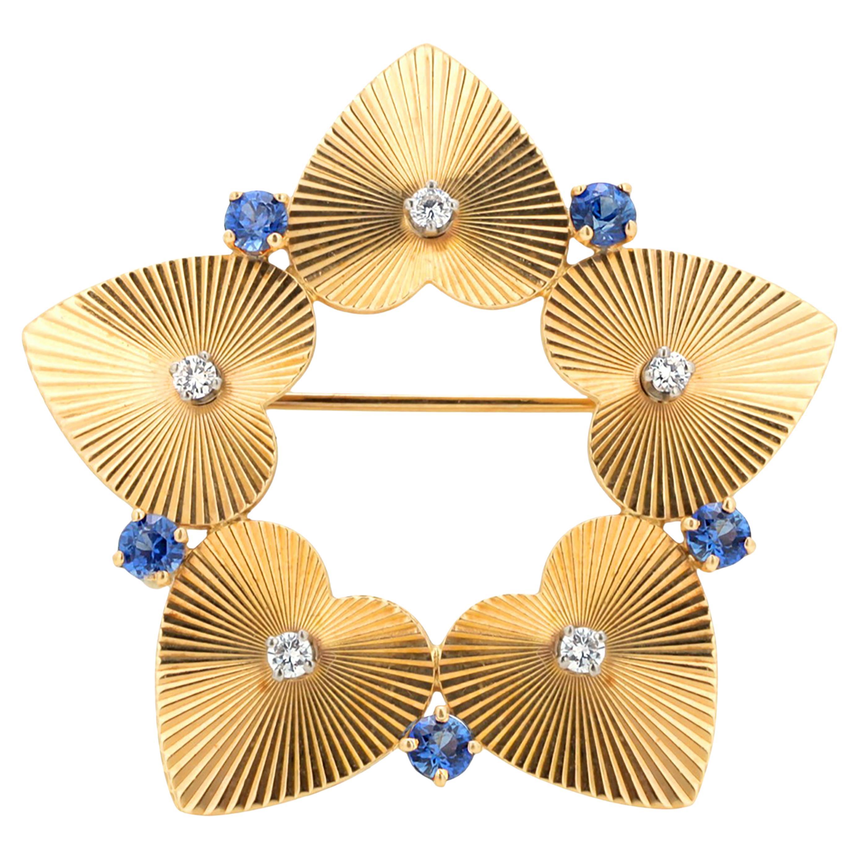 Tiffany Co Vintage Striated Heart Diamond Sapphire Yellow Gold 1.5 Inch Brooch 