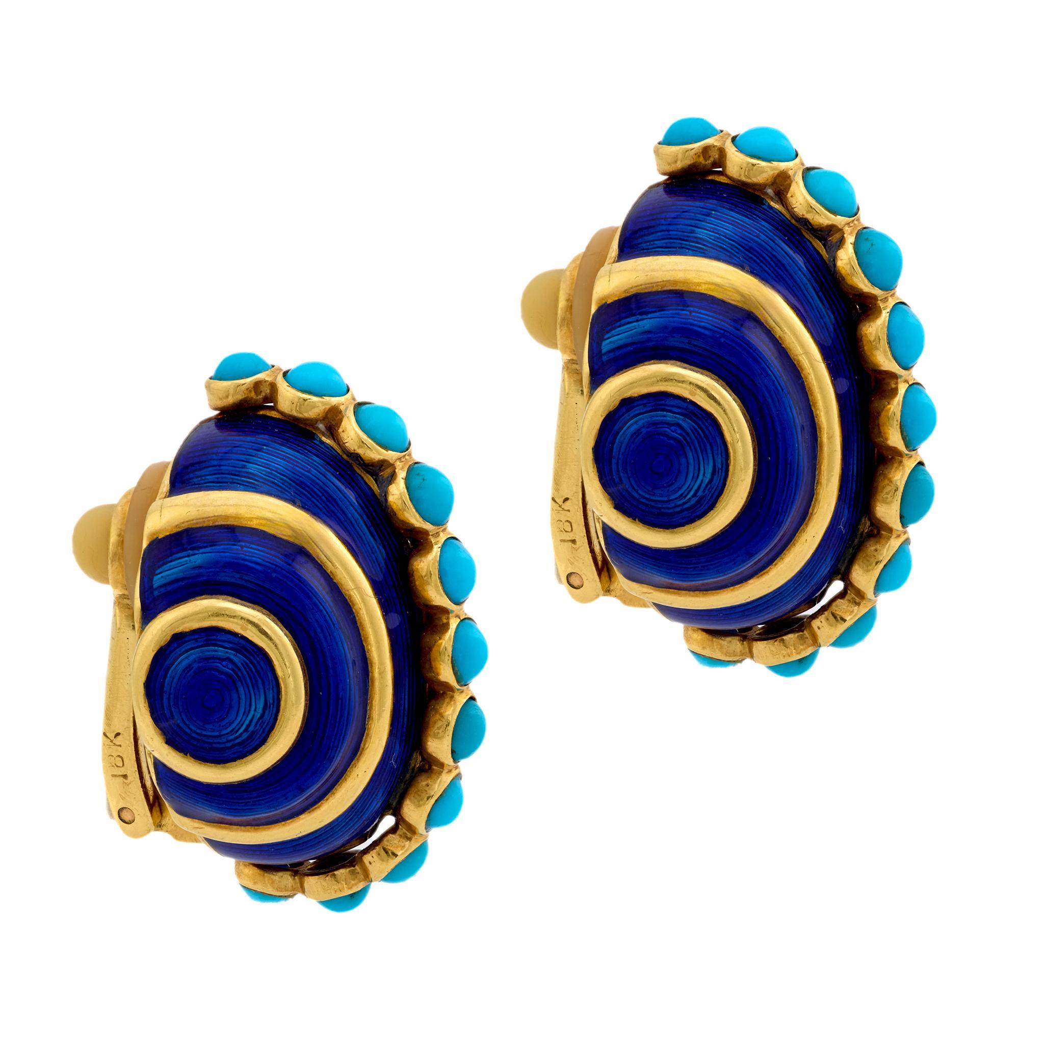Contemporary Tiffany & Co. vintage turquoise 18k yellow gold enamel earrings For Sale