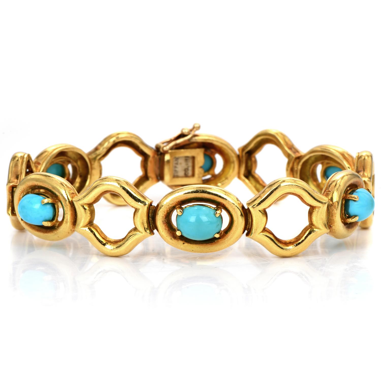 Elegant high-quality link bracelet, Made by Tiffany & Co.

Exquisite Open polished link design, this vintage the 1980s piece is crafted in solid 18K yellow gold.

Centered by 6 cabochons oval cut genuine fine natural untreated turquoise, prong set,