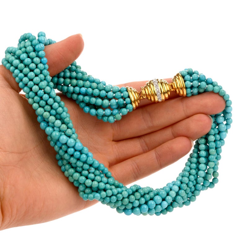 Tiffany and Co. Vintage Turquoise Diamond 18K Gold Multi Strand Beaded
