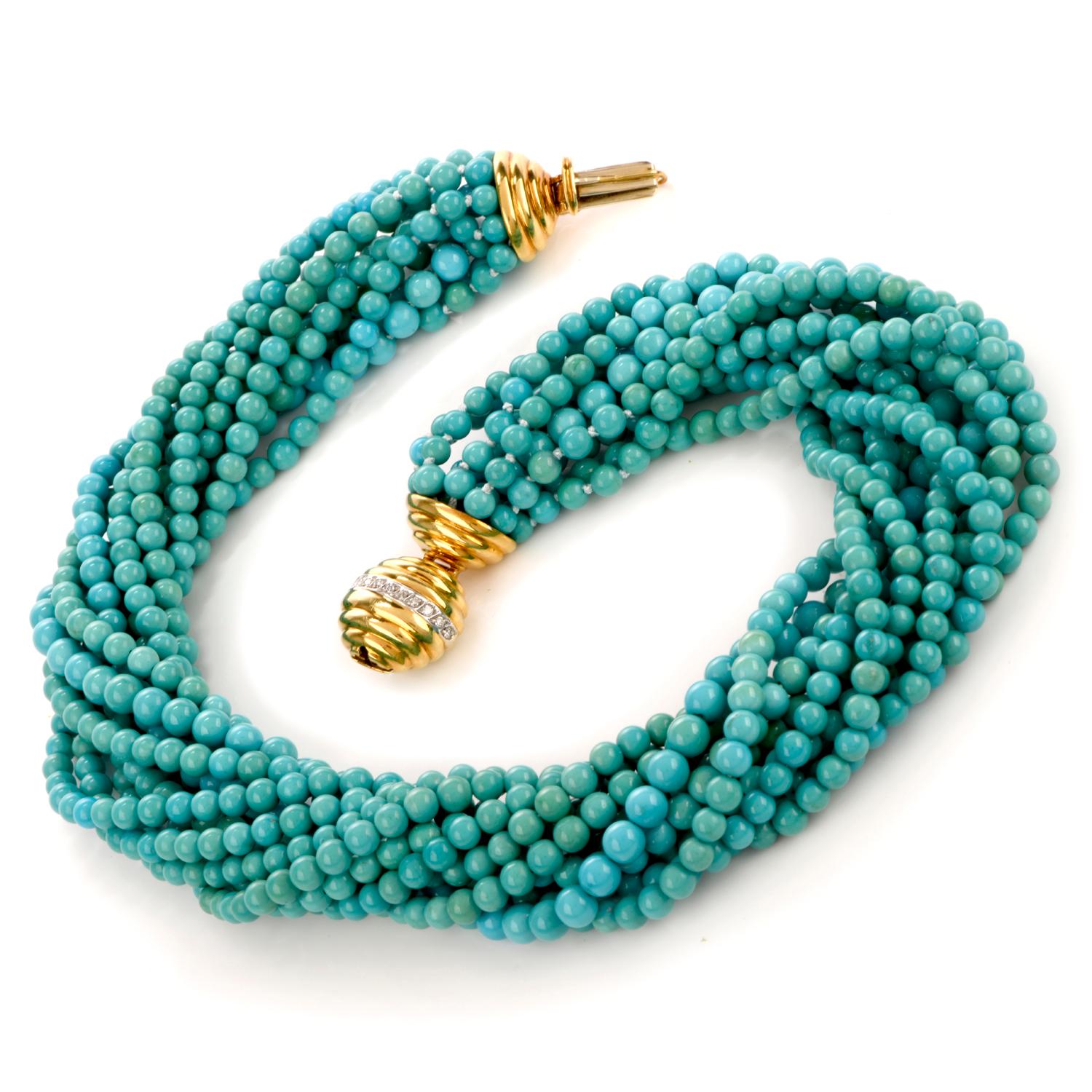 Tiffany & Co. Vintage Turquoise Diamond 18K Gold Multi Strand Beaded Necklace In Good Condition In Miami, FL