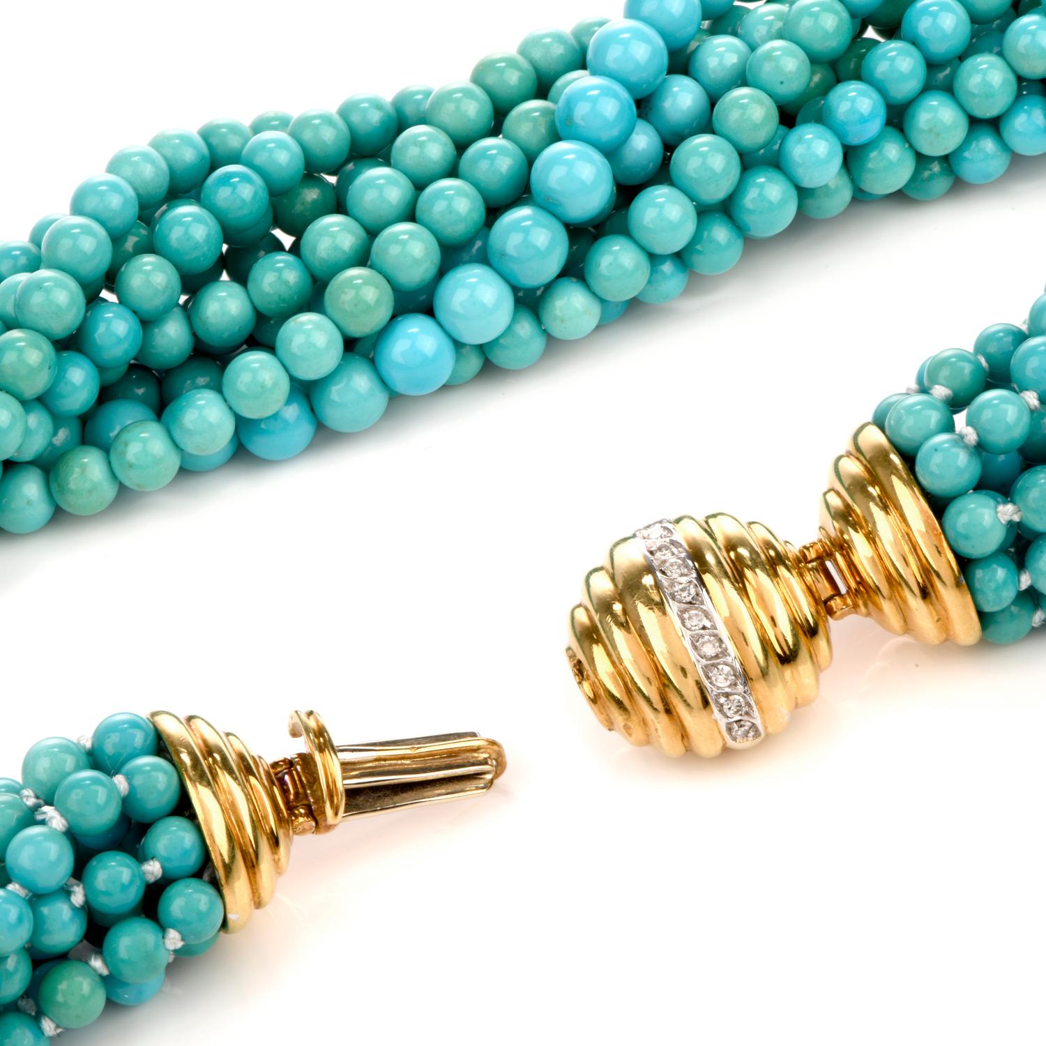 Women's Tiffany & Co. Vintage Turquoise Diamond 18K Gold Multi Strand Beaded Necklace