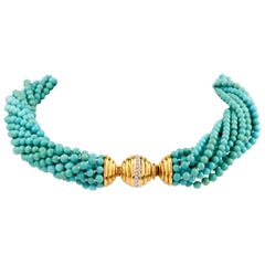 Tiffany & Co. Vintage Turquoise Diamond 18K Gold Multi Strand Beaded Necklace