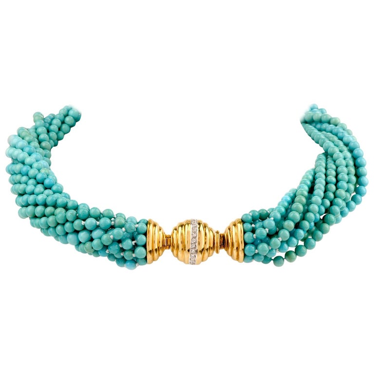 Tiffany and Co. Vintage Turquoise Diamond 18K Gold Multi Strand Beaded ...