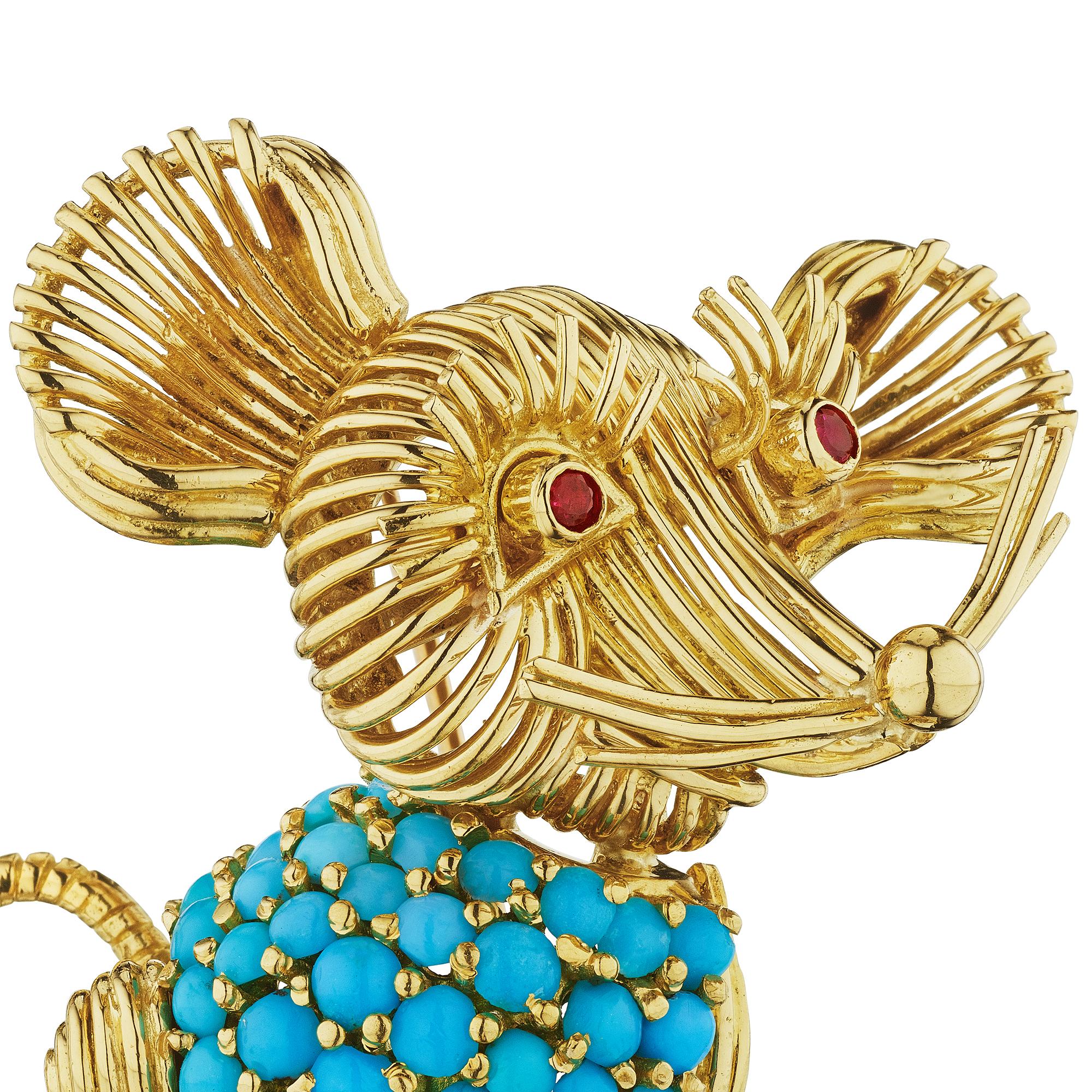 When the cat's away the mice will play.  Creating lots of fun this vintage Tiffany & Co. turquoise, ruby, and gold mischievous mouse brooch will keep you smiling.  Signed Tiffany & Co.  Circa 1960-70.  18 karat yellow gold.  1 1/2