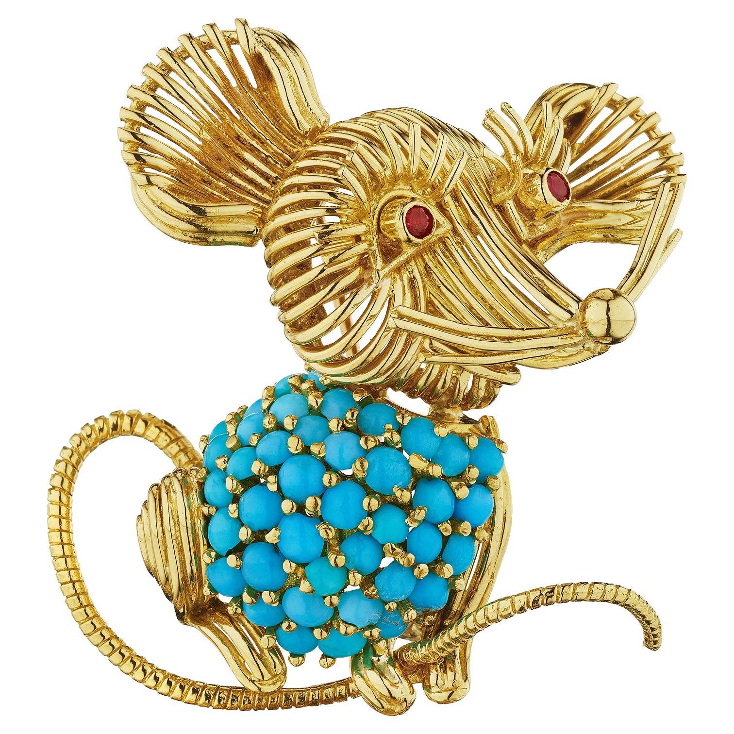 Tiffany & Co. Vintage Turquoise Ruby Gold Mouse Brooch