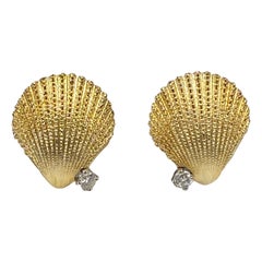 Tiffany & Co. Vintage Yellow Gold and Diamond Sea Shell Earrings