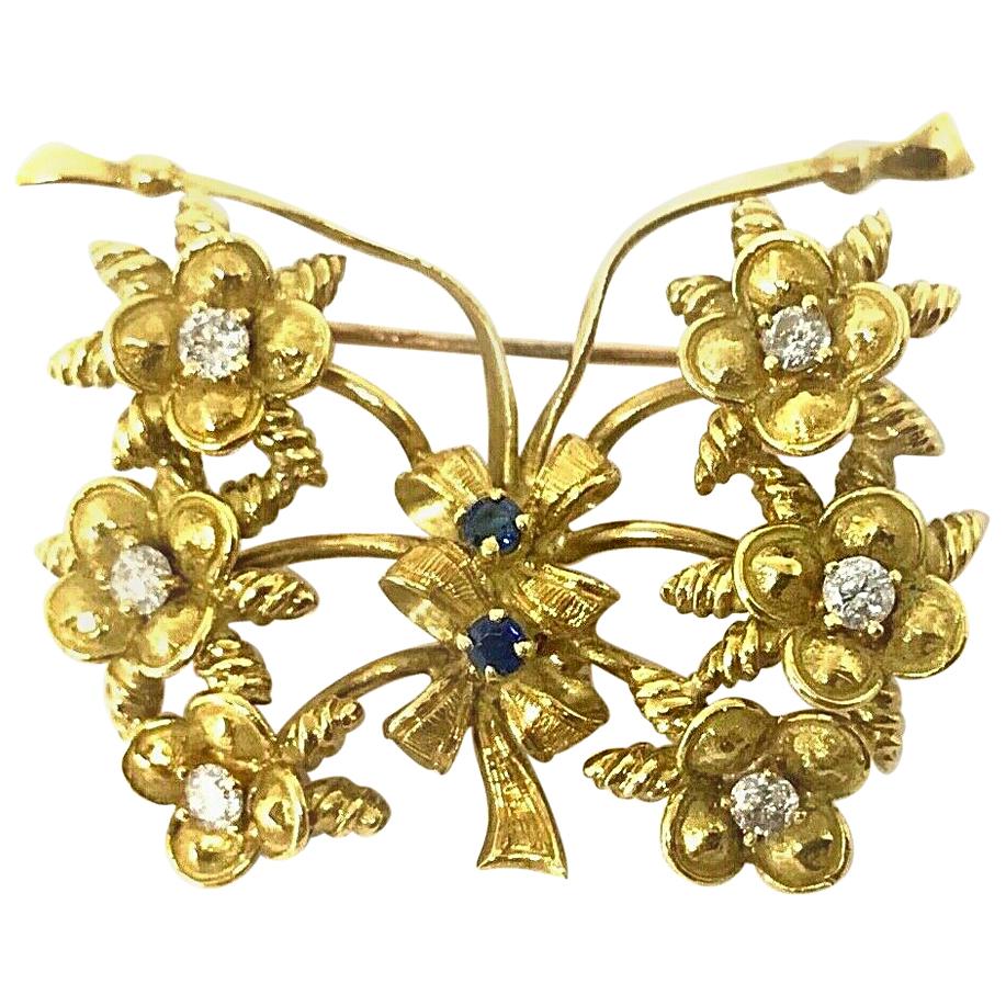 Tiffany & Co. Vintage Yellow Gold Diamond Sapphire Butterfly Brooch Pin