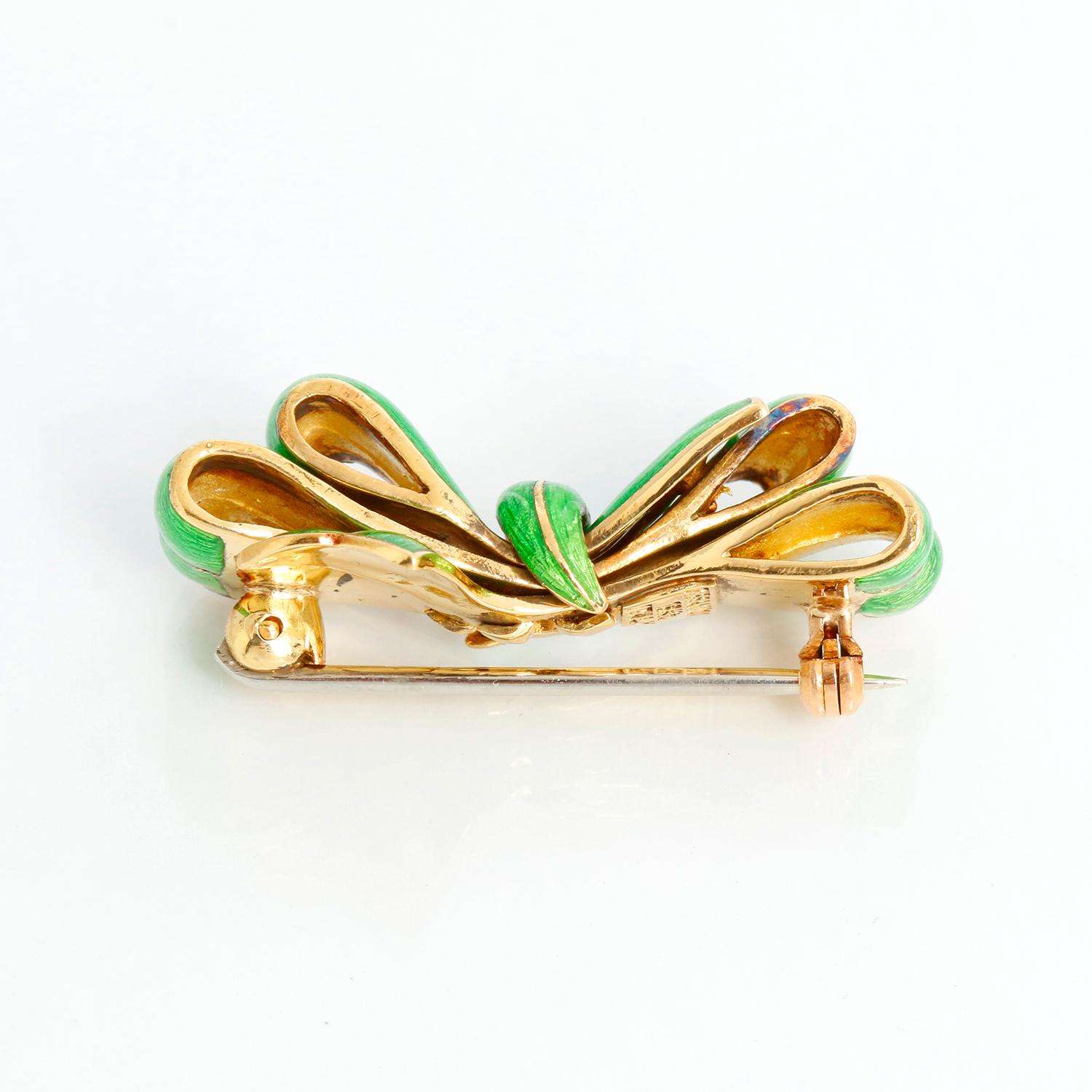 Tiffany & Co. Vintage Yellow Gold Green Enamel Bow Pin Brooch - A sweet vintage bow pin brooch by Tiffany & Co. made of 18k yellow gold and green enamel. Stamped with Tiffany & Co. maker's mark, a hallmark for 18k gold and a country of origin