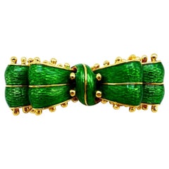 Tiffany & Co. Vintage Yellow Gold Green Enamel Bow Pin Brooch