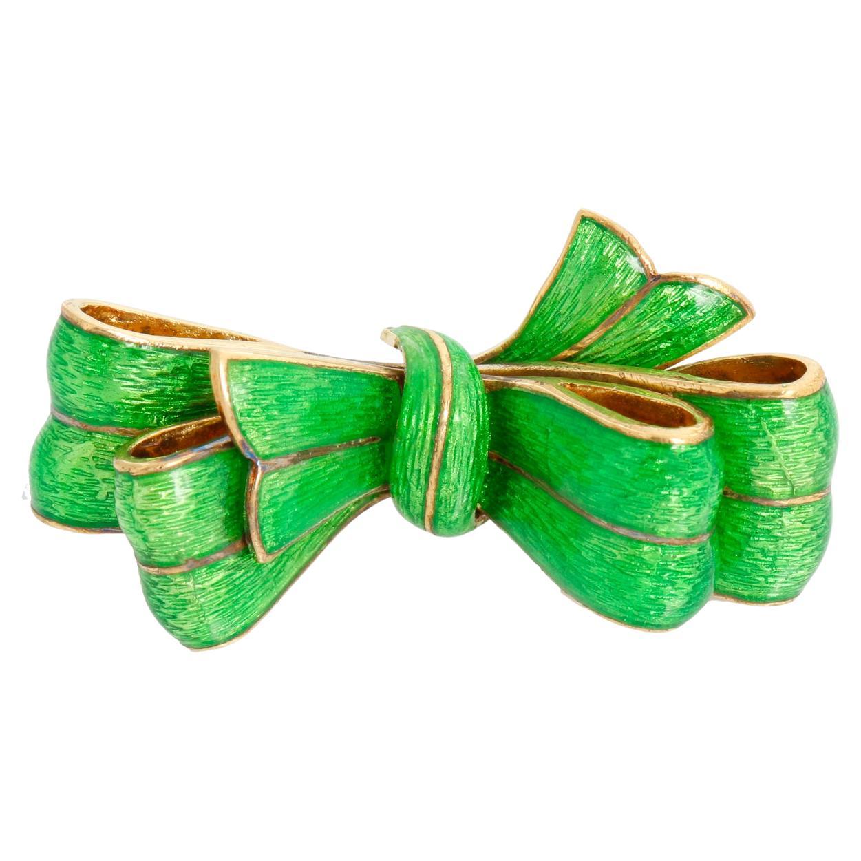 Tiffany & Co. Vintage Yellow Gold Green Enamel Bow Pin Brooch For Sale