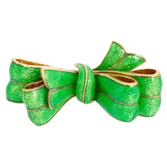 Tiffany & Co. Vintage Yellow Gold Green Enamel Bow Pin Brooch