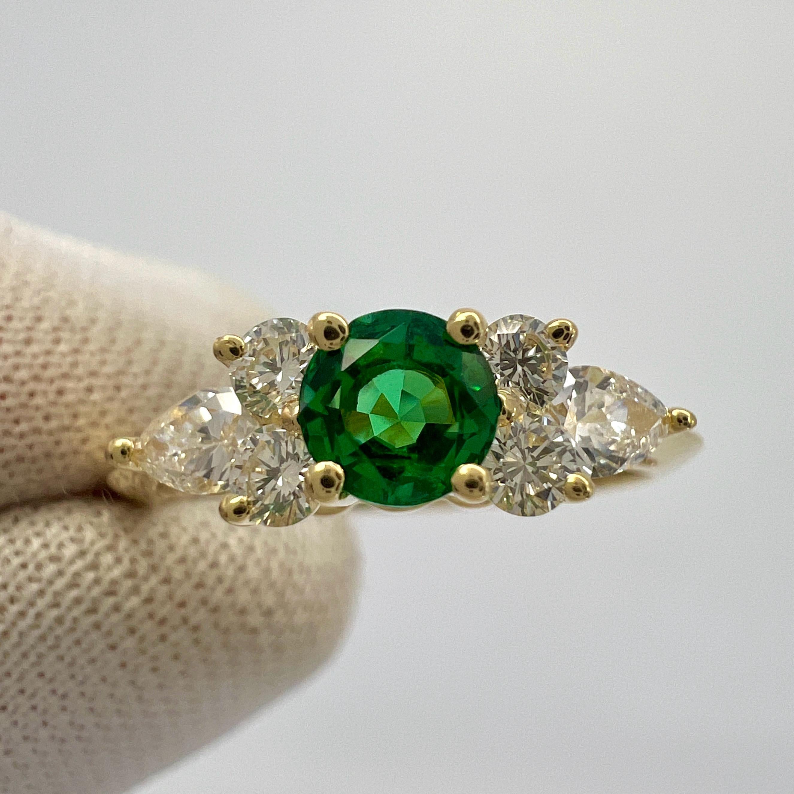 Round Cut Tiffany & Co. Vivid Green Round Emerald & Diamond 18k Yellow Gold Cluster Ring