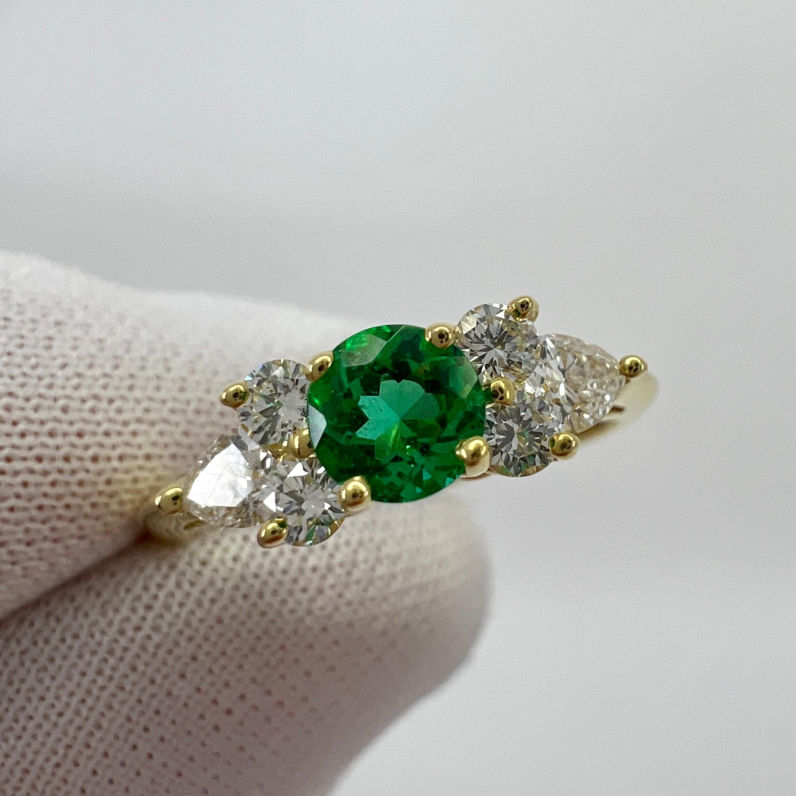 Round Cut Tiffany & Co. Vivid Green Round Emerald & Diamond 18k Yellow Gold Cluster Ring