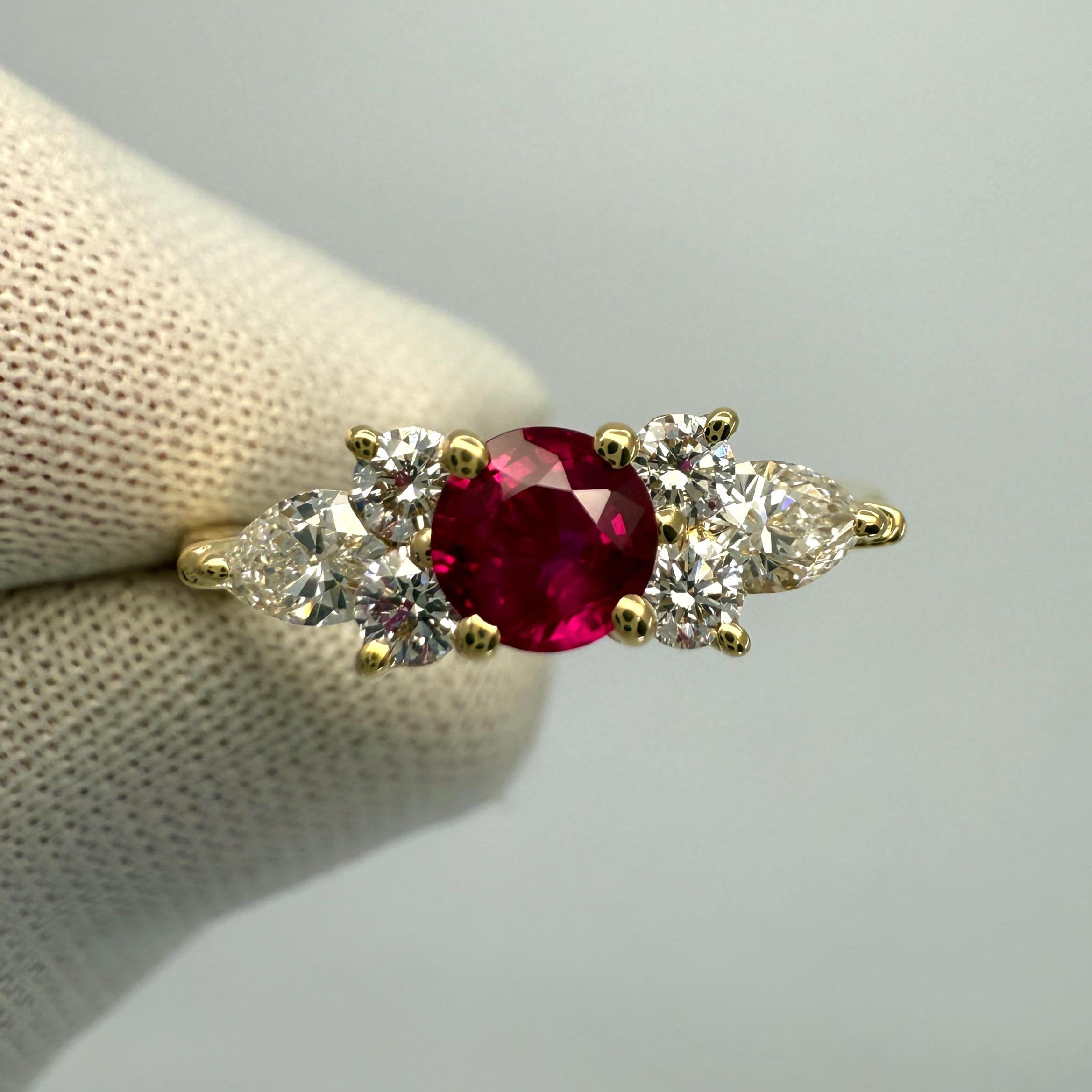 Tiffany & Co. Vivid Red Round Cut Ruby & Diamond 18k Yellow Gold Cluster Ring In Excellent Condition In Birmingham, GB