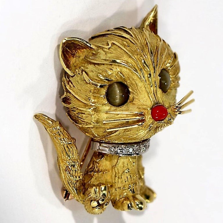 Tiffany and Co. Whimsical Gold Cat with Cat's Eye Coral and Diamond at 1stDibs