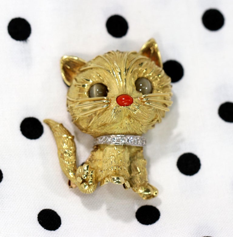 Tiffany and Co. Whimsical Gold Cat with Cat's Eye Coral and Diamond at 1stDibs