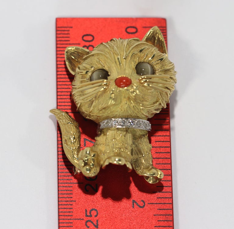 Tiffany and Co. Whimsical Gold Cat with Cat's Eye Coral and Diamond at 1stDibs