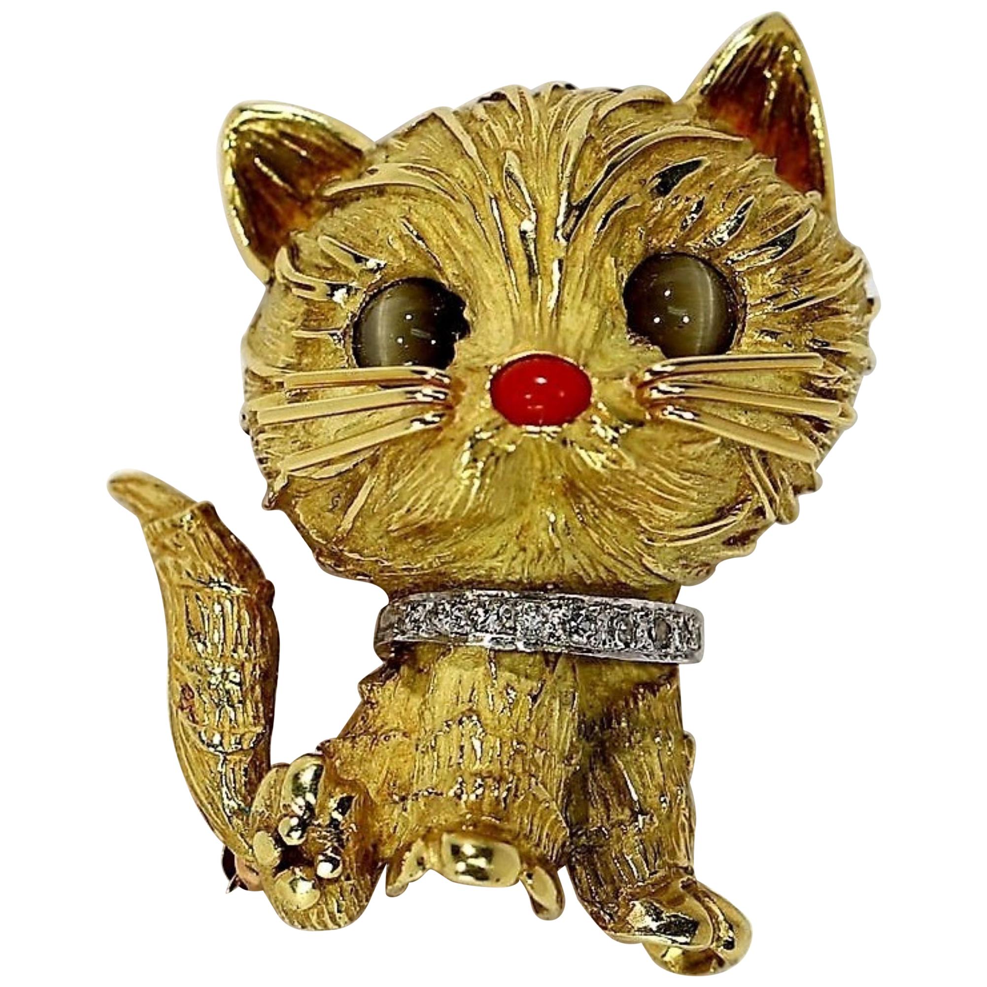 Tiffany and Co. Whimsical Gold Cat with Cat's Eye Coral and Diamond at 1stDibs