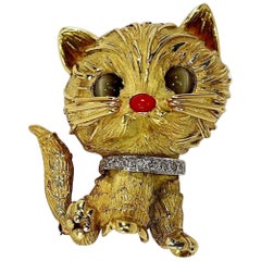Vintage Tiffany & Co. Whimsical Gold Cat with Cat's Eye Coral and Diamond