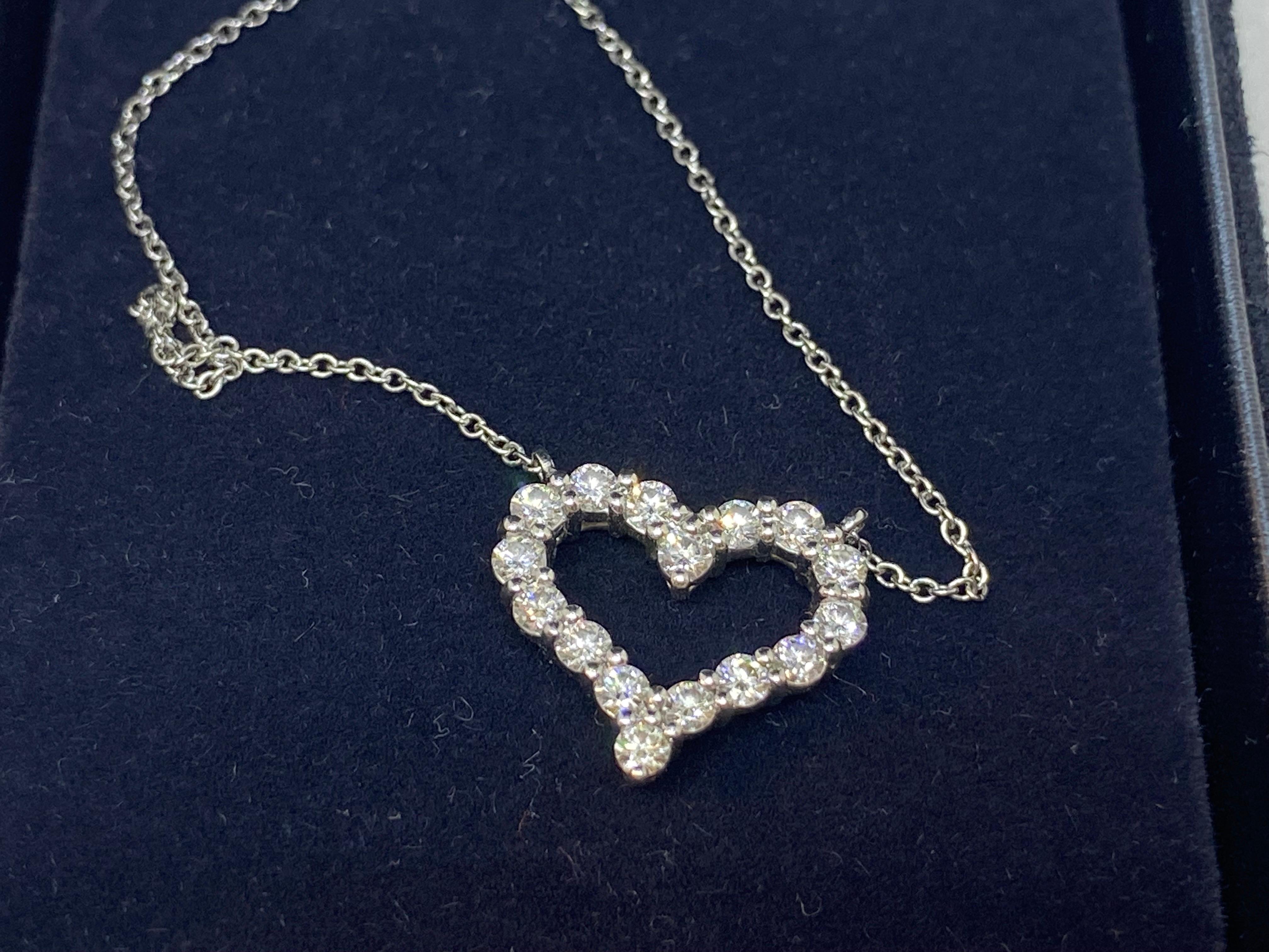 Tiffany & Co heart necklace in Platinum 950 and diamonds, 0.54 ct, comes with original Tiffany & Co box and case.

Weight: 8.2 grams
Size (heart): 12.4 x 15.6 mm
Total Chain Length: 15.75 inches/40 cm
