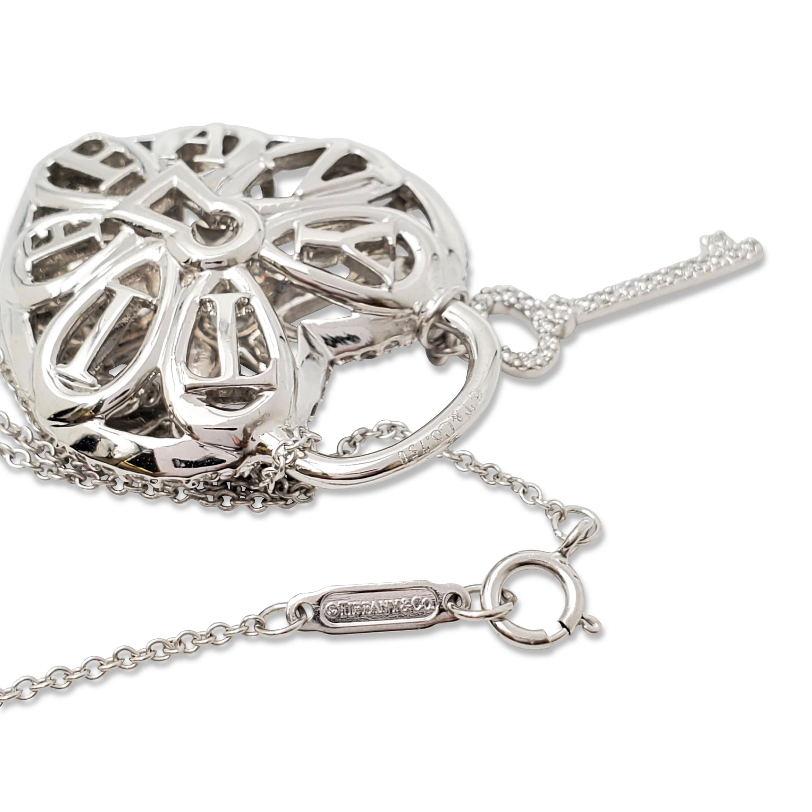 Round Cut Tiffany & Co. White Gold and Diamond 'Filigree' Heart and Key Pendant Necklace